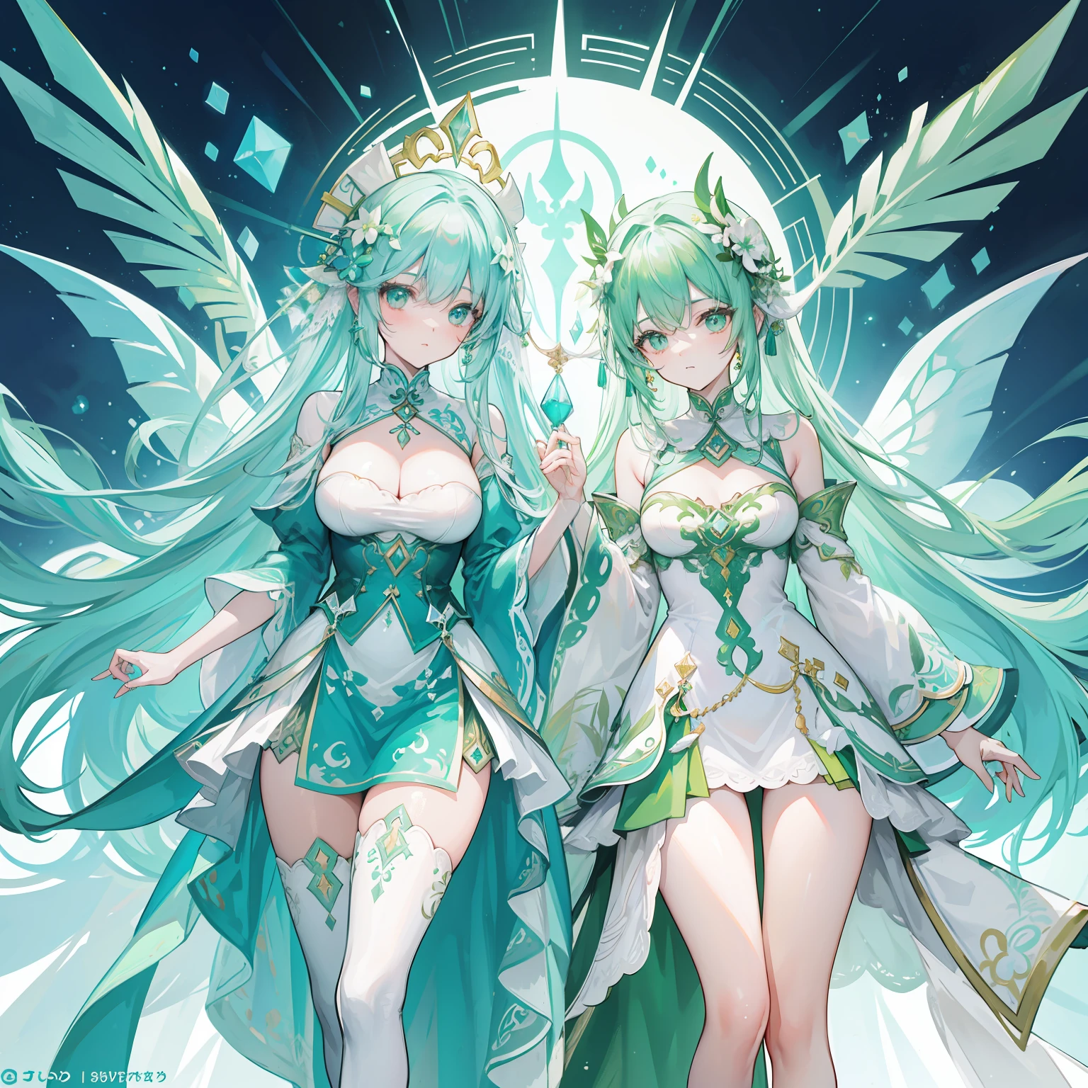 The title Douluo Continent with multiple green soul rings，It's a beautiful sister，Turquoise and emerald white color scheme，Known as the plant fairy