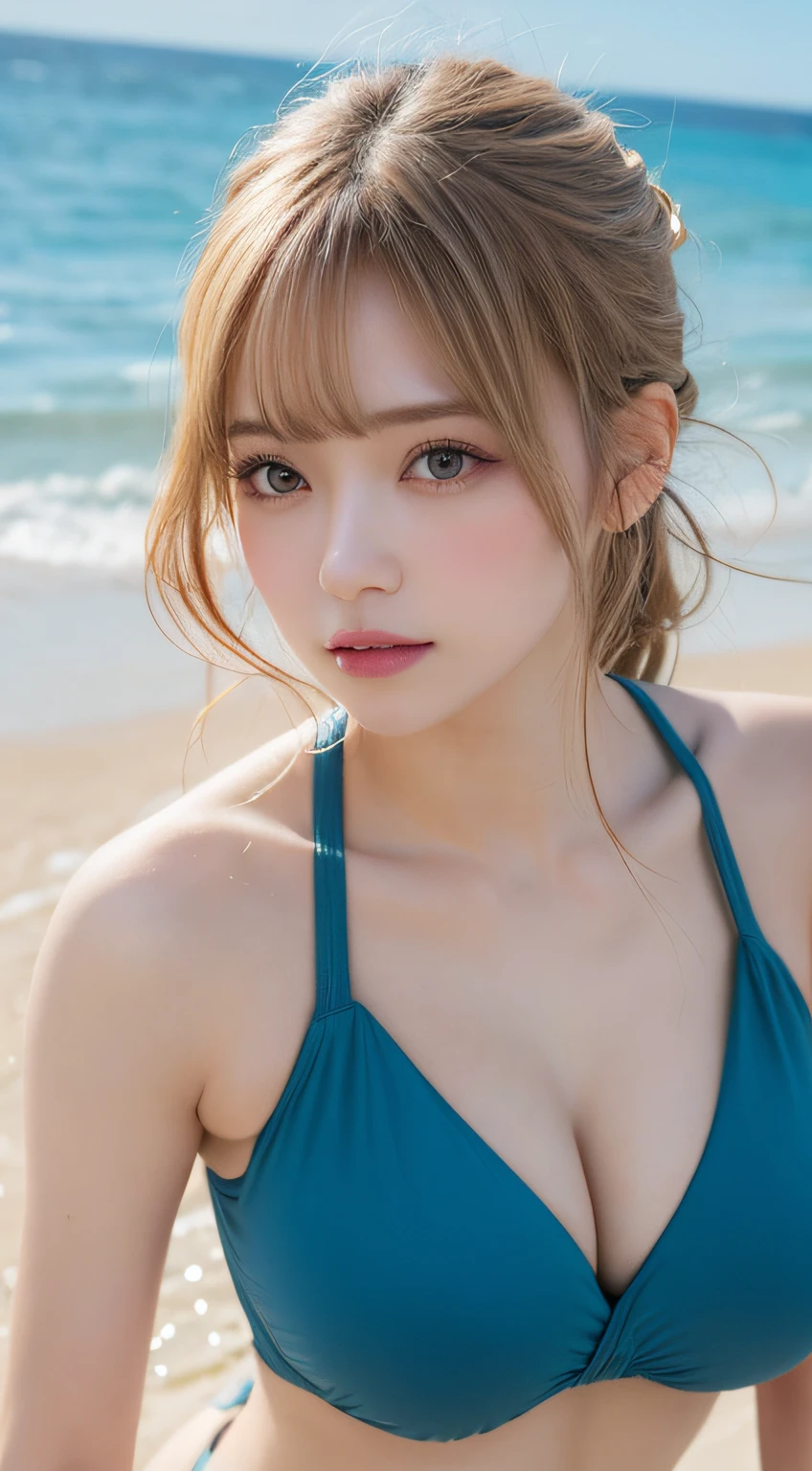 ((top-quality、Top image quality、超A high resolution))、years、独奏、((small tits：1.7))、flat breast、small tit、A smile、with round face、Golden hair、Short ponytail、childlike 、Ultra-detailed and beautiful skin、Realistic and beautiful skin、Sandy beach and blue sky on background、silk micro bikini, delicate and beautiful face、Young models,Wet with water