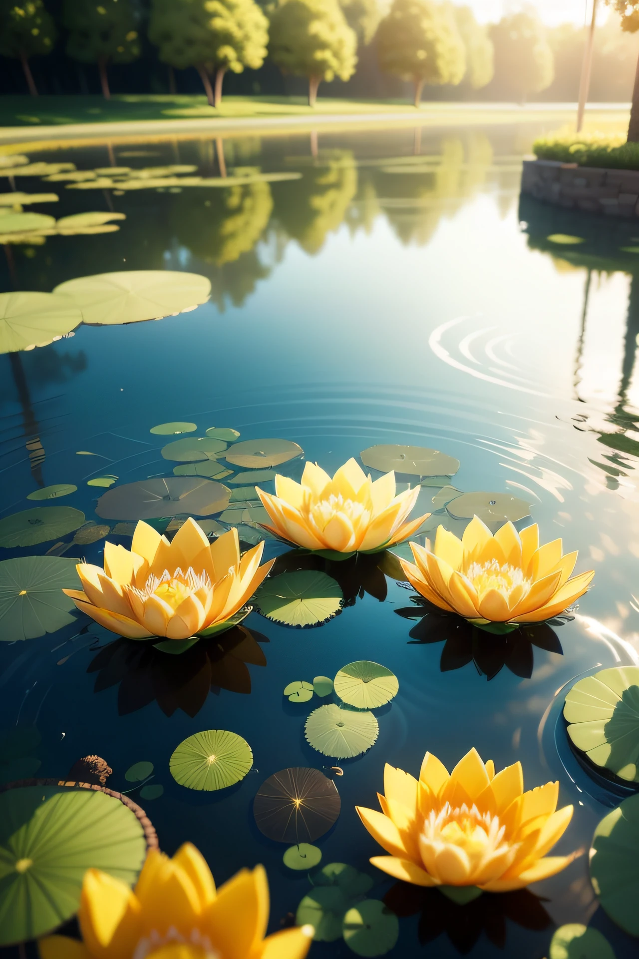 wall-paper、Summer pond、chii、Colorful colorful boats、Afternoon sun、pond background、depth of fields、Hot weather、high resolution details、Wet watermark、ultra-detailliert、filmg、surrealism、Soft light、Deep field focus bokeh、Ray traching、diffused(Ultra-fine glass reflection)、surrealism。 --v6