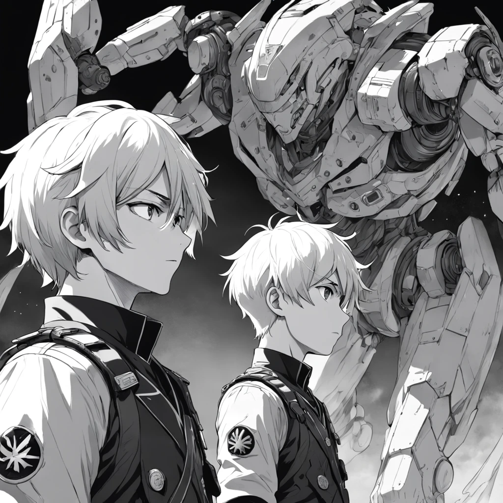 Rest for 2 people, BREAK A highly detailed grayscale black and white manga drawing anime person one with short wavy white hair is A character and a highly detailed grayscale black and white manga drawing anime guy two short messy black hair is B character, BREAK: Highly detailed grayscale black and white comic drawing characters A and B in military uniforms standing in front of a giant time machine, BREAK Highly detailed grayscale black and white comic two-panel illustration:0.01, Break the highly detailed grayscale black and white comics,Draw a wide-angle perspective from behind Character A and Character B.