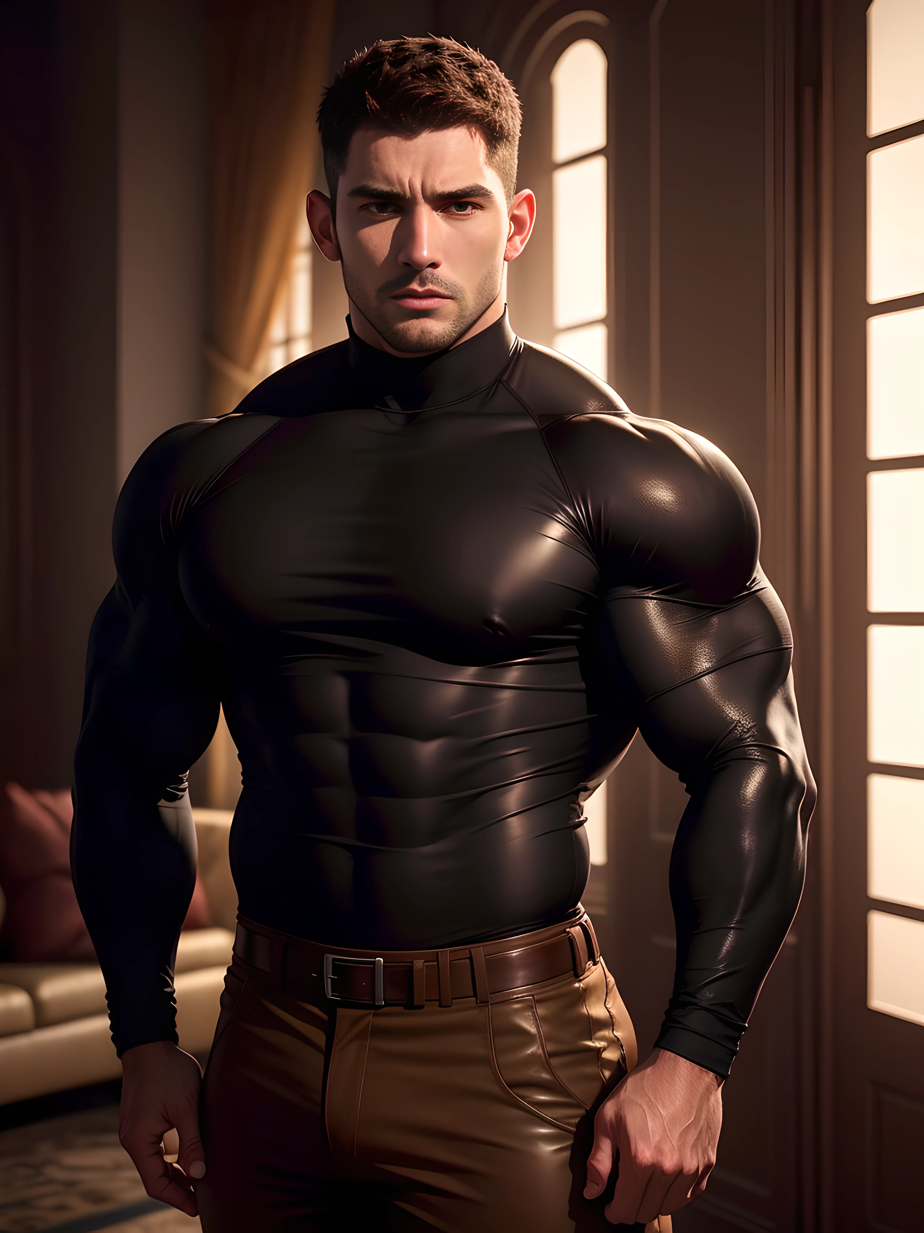 middle aged man，musculous，Thick upper body，vast pecs，Huge crotch bulge，[bared  chest:A vest made of belts:0.2]，[Bare thighs to feet:The ring tightens the thigh muscles:0.2]，（Leather briefs），Cortical collar，kneeling on the sofa，spreads her legs apart，（Shoot from the bottom down），facing to audience，O-shaped mouth，Indecent expressions，Indecent pose，Full body photo，in a panoramic view，k hd，high detal，tmasterpiece，NSFW