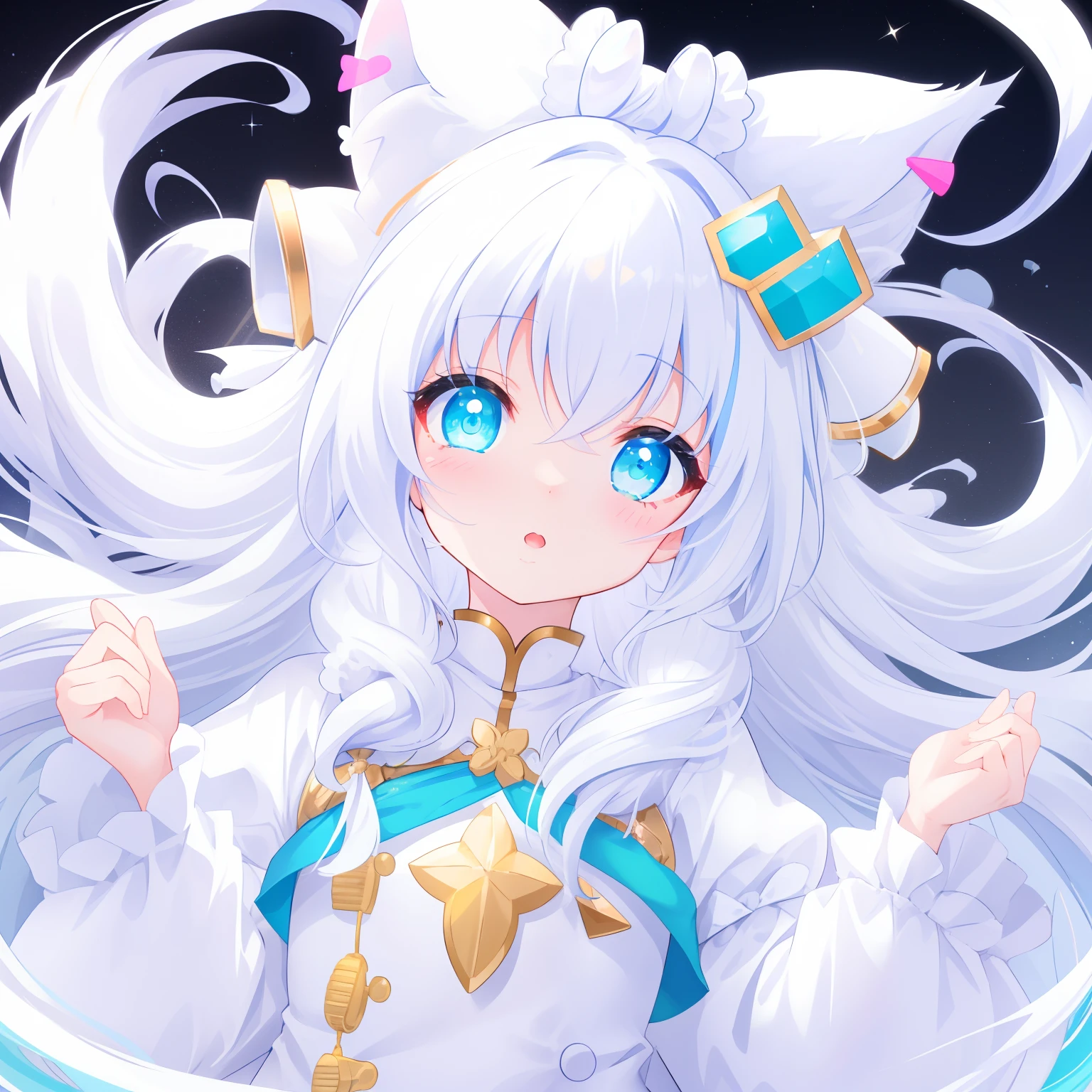 Milky long-haired milk，White clothes，Fufu is a very cute face，This is a cute sweet girl，cyan eyes，white color hair，Bitgirl，Poor milk