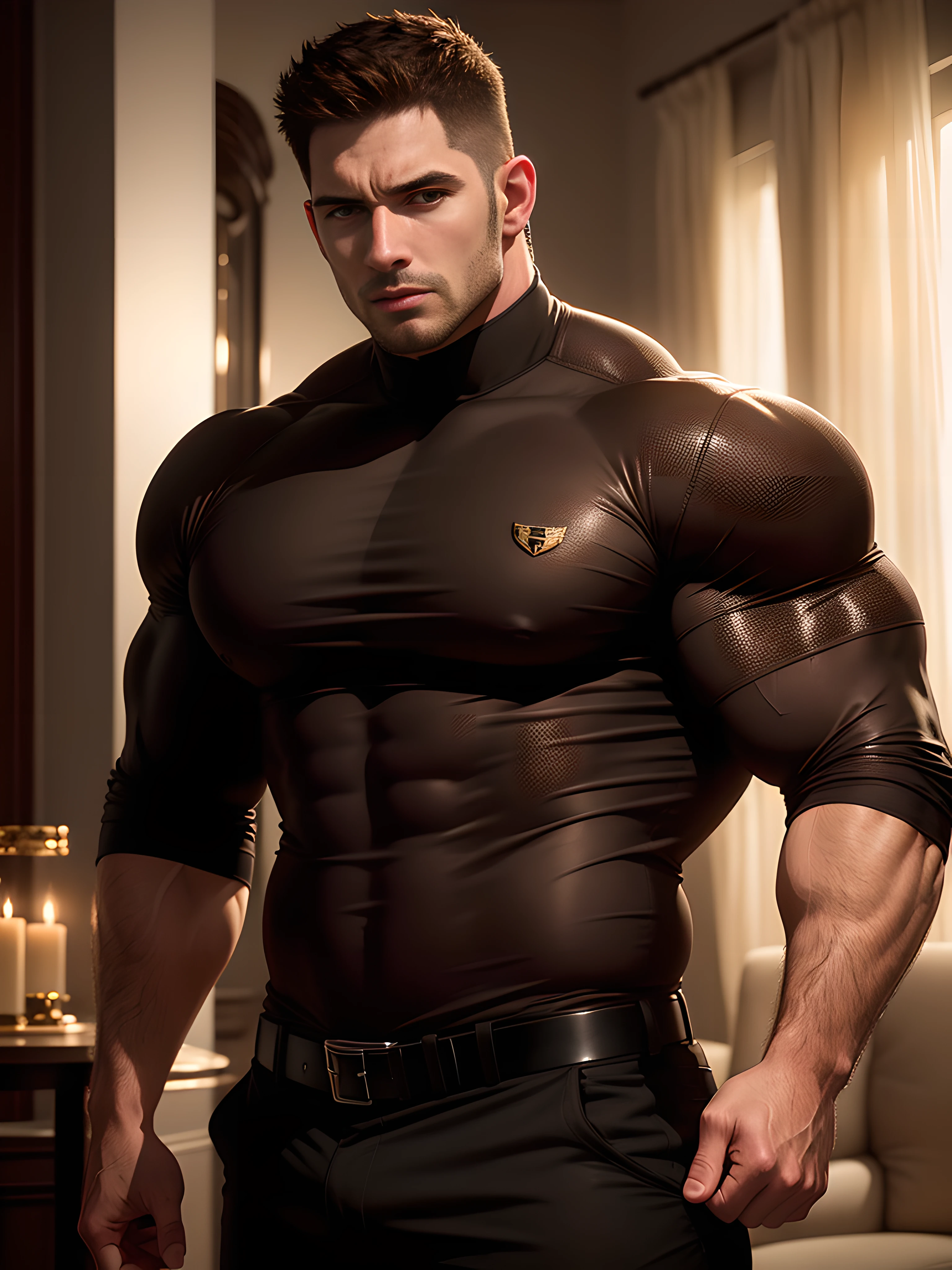Muscular male security guard with open mouth,Chris Redfield,Wear a long-sleeved turtleneck sweater,expression sad,He frowned aggrievedly。。。。。。gem-like eyes,Tall, Burly and strong,Thick thighs,He was in the living room of a luxury villa,Luxurious warmth in brown tones。。。。。。Highest resolution,the highest picture quality,Extremely optimized facial features,Detailed depiction