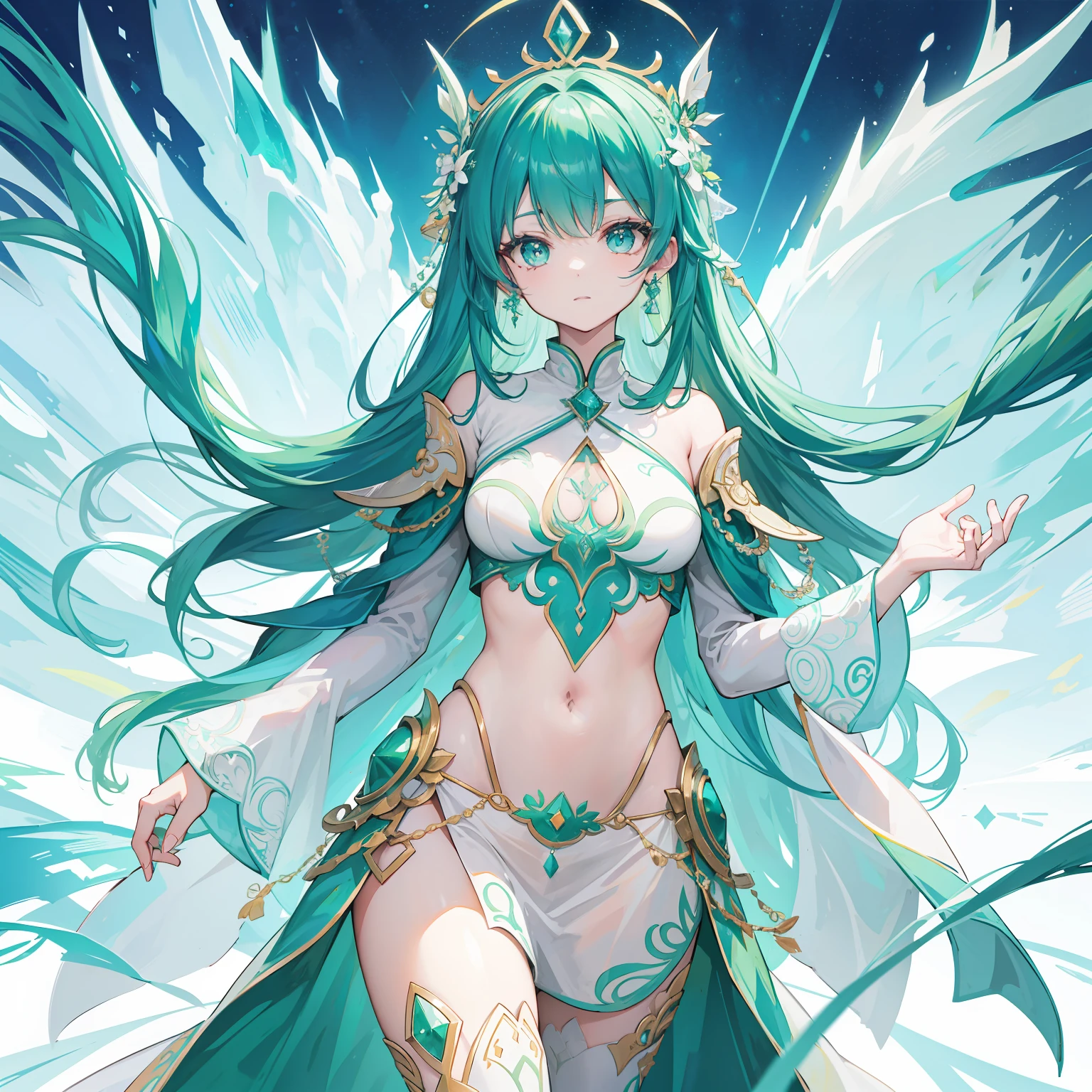 The title Douluo Continent with multiple green soul rings，It's a beautiful sister，Turquoise and emerald white color scheme，Known as the plant fairy