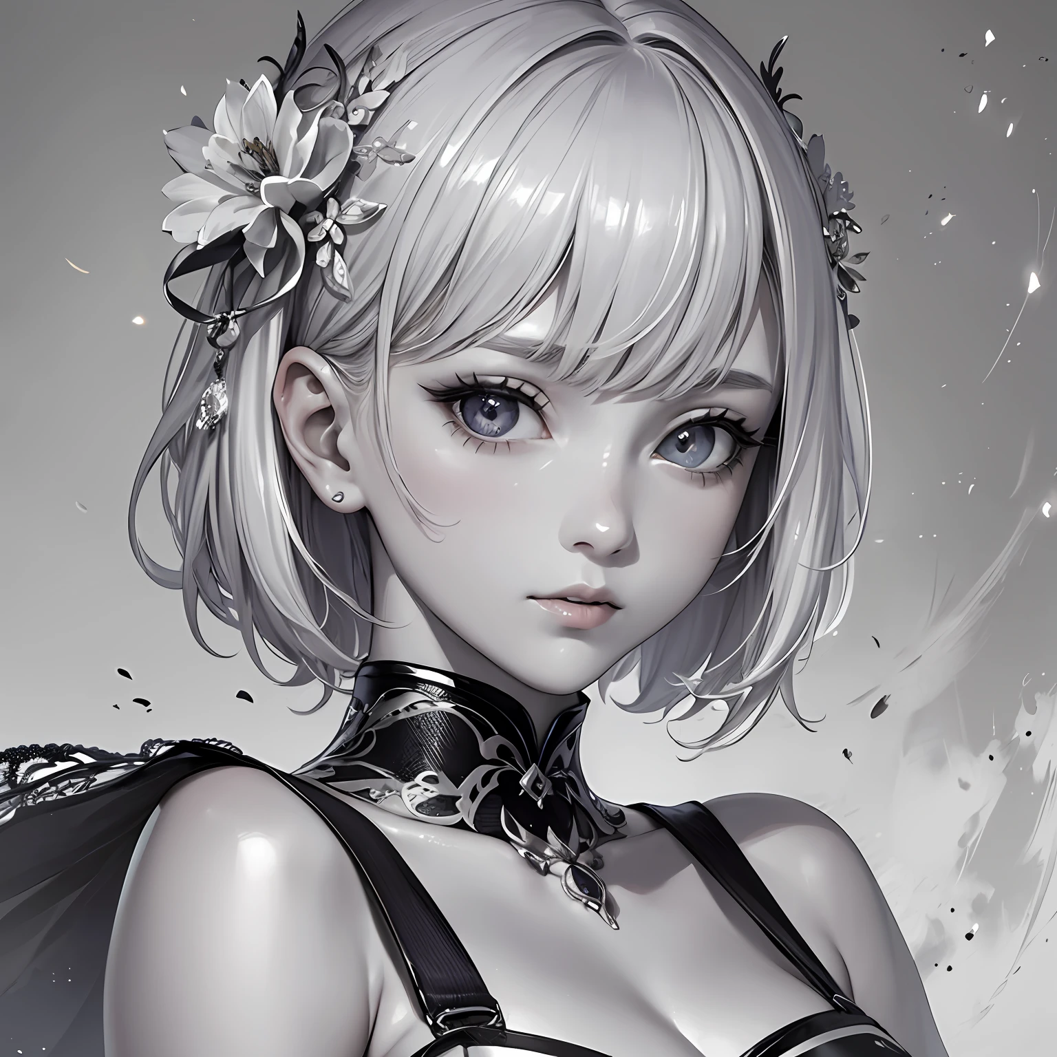 masterpiece、top-quality、hight resolution、High-quality images、8K、1womanl、detaileds、Detailed eye depiction、skin gloss、short silver hair with luster、Monochrome grayscale、Nomiya、portlate、Queen of Diamonds