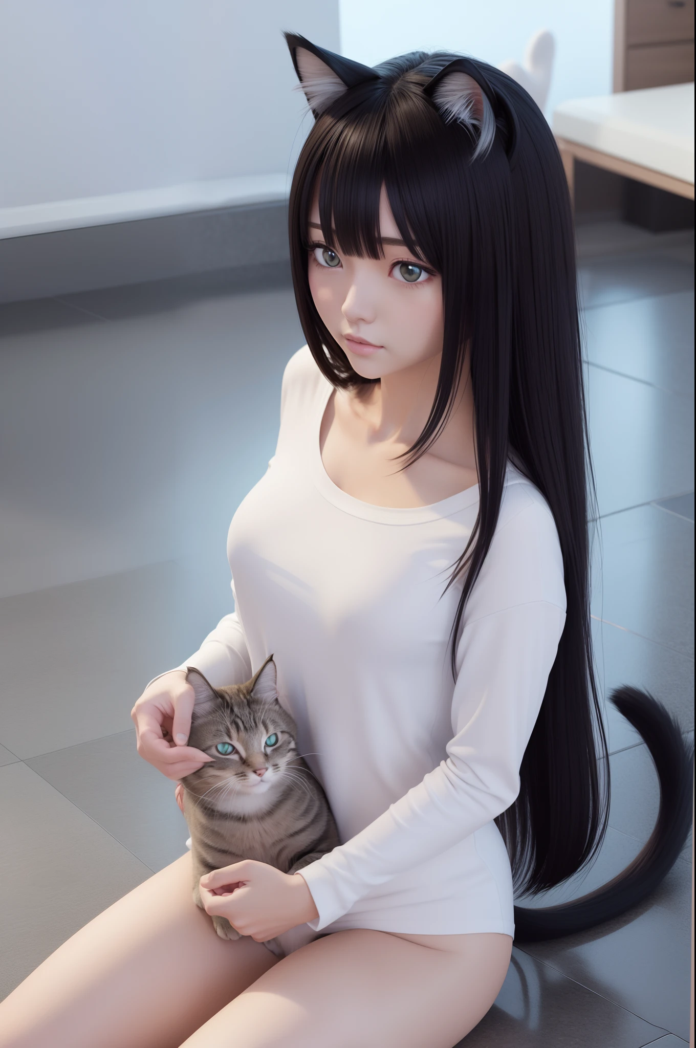 Put the cat on the head、There is a woman with a cat on her shoulder, attractive cat girl, beautiful young catgirl, very beautiful cute catgirl, catgirl, 3 d anime realistic, Cat Girl, anime catgirl, imagem hiperrealista, Hyper realistic anime, beautiful anime catgirl, photorealistic anime, realistic anime cat, 3d anime, 3d anime