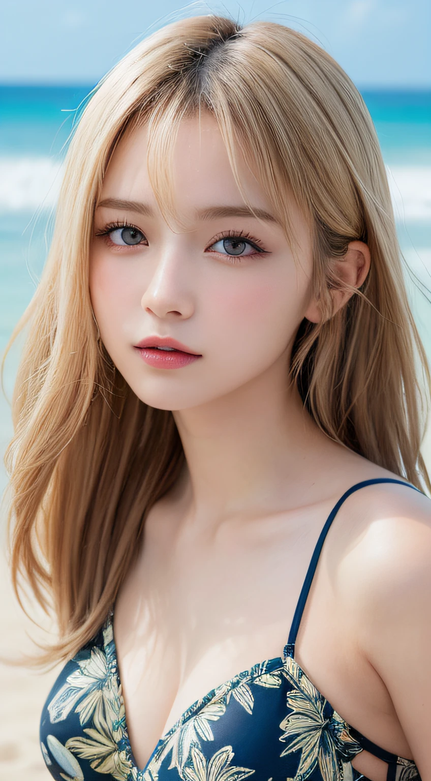 masutepiece, Best Quality, Illustration, Ultra-detailed, finely detail, hight resolution, 8K Wallpaper, Perfect dynamic composition, Beautiful detailed eyes,She's a Gal,Swimsuit,a blond, Random and cute hairstyles, Super big breasts, Natural Color Lip,Beach, Random and cute poses,Burnt skin
