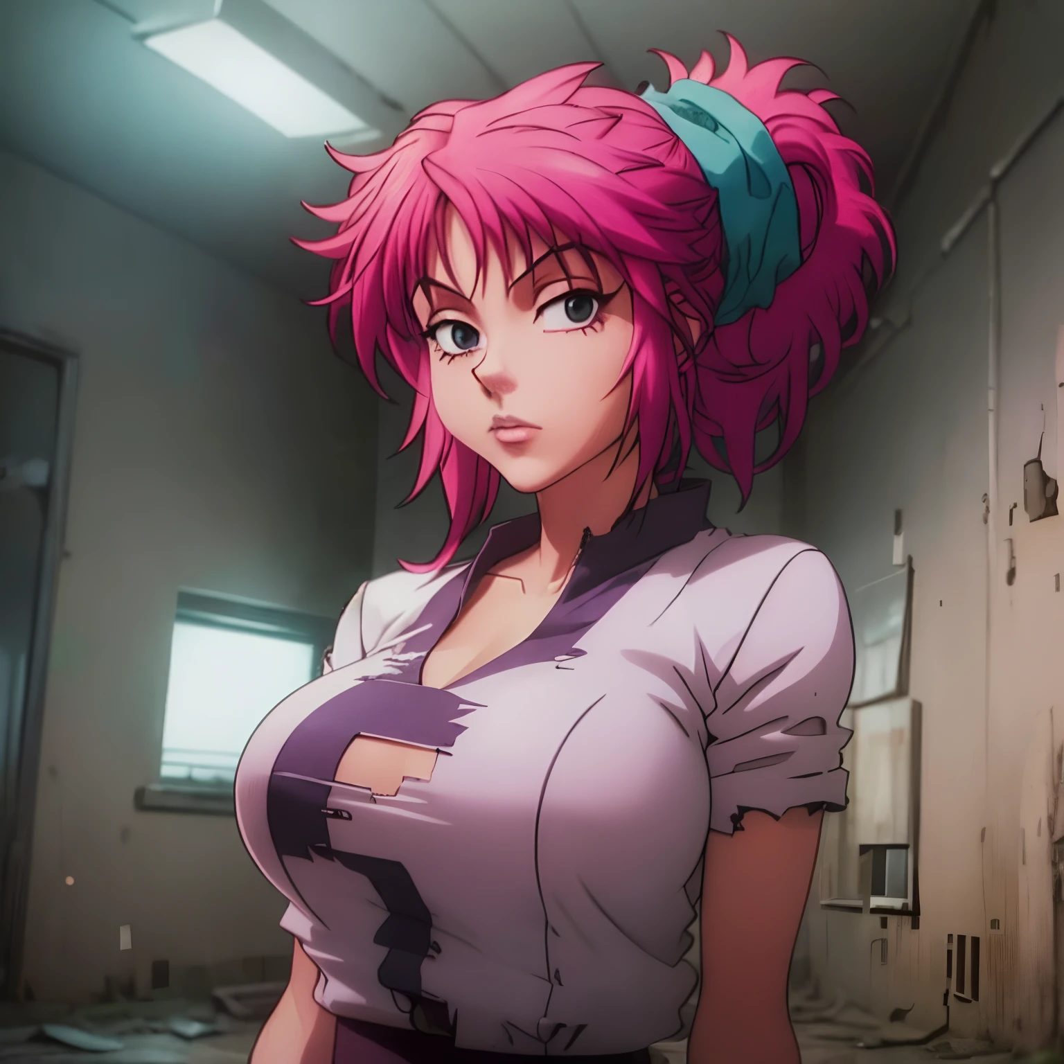 (masterpiece:1.1, Best Quality:1.1), Solo, 1girl in, (Machi:1.2, Hunter Hunter characters), deadpan, Looking at Viewer, detailed brown eyes, Detailed face, (Machi cosplay:1.2, Pink hair, Ponytail, torn White clothes:1.3, Huge breasts:1.3, Huge cleavages:1.3), (In a realistic abandoned building:1.15, Dark atmosphere:1.5),