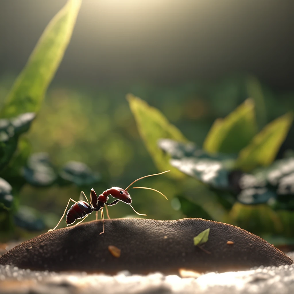 An ant lies on a leaf,There is dew on the edges of the leaves,magic hour,photorealistic cinematic render, Cinematic 3D rendering, realistic cgi render, Depicted as a 3D rendering