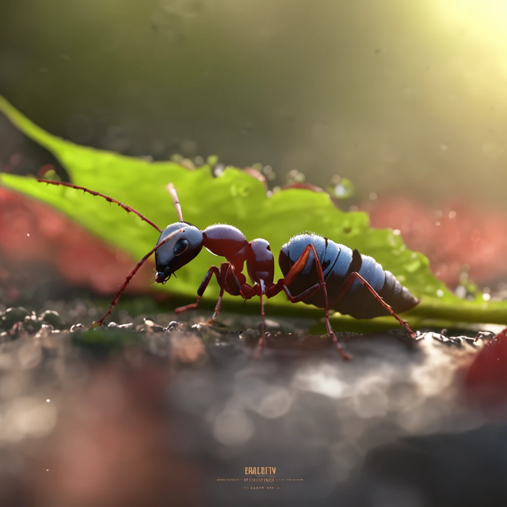 An ant lies on a leaf，There is dew on the edges of the leaves，magic hour，photorealistic cinematic render, Cinematic 3D rendering, realistic cgi render, Depicted as a 3D rendering