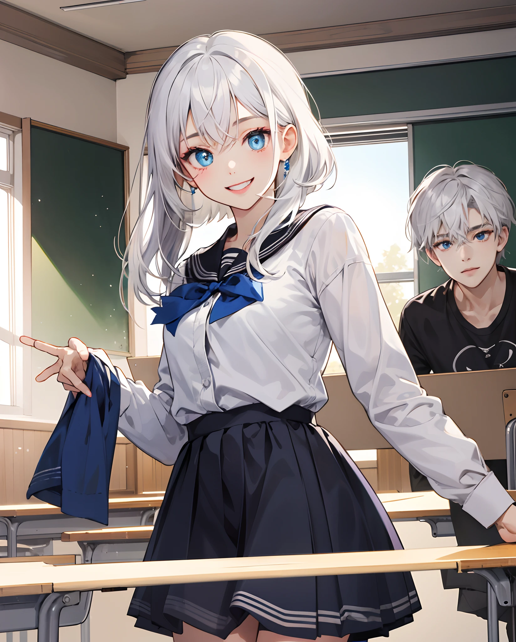 Gentle、animesque、eyes large、white hair、fluffly、student clothes、natural make up、A mischievous smile、Classroom、blue eyess、a short skirt、Panchira
