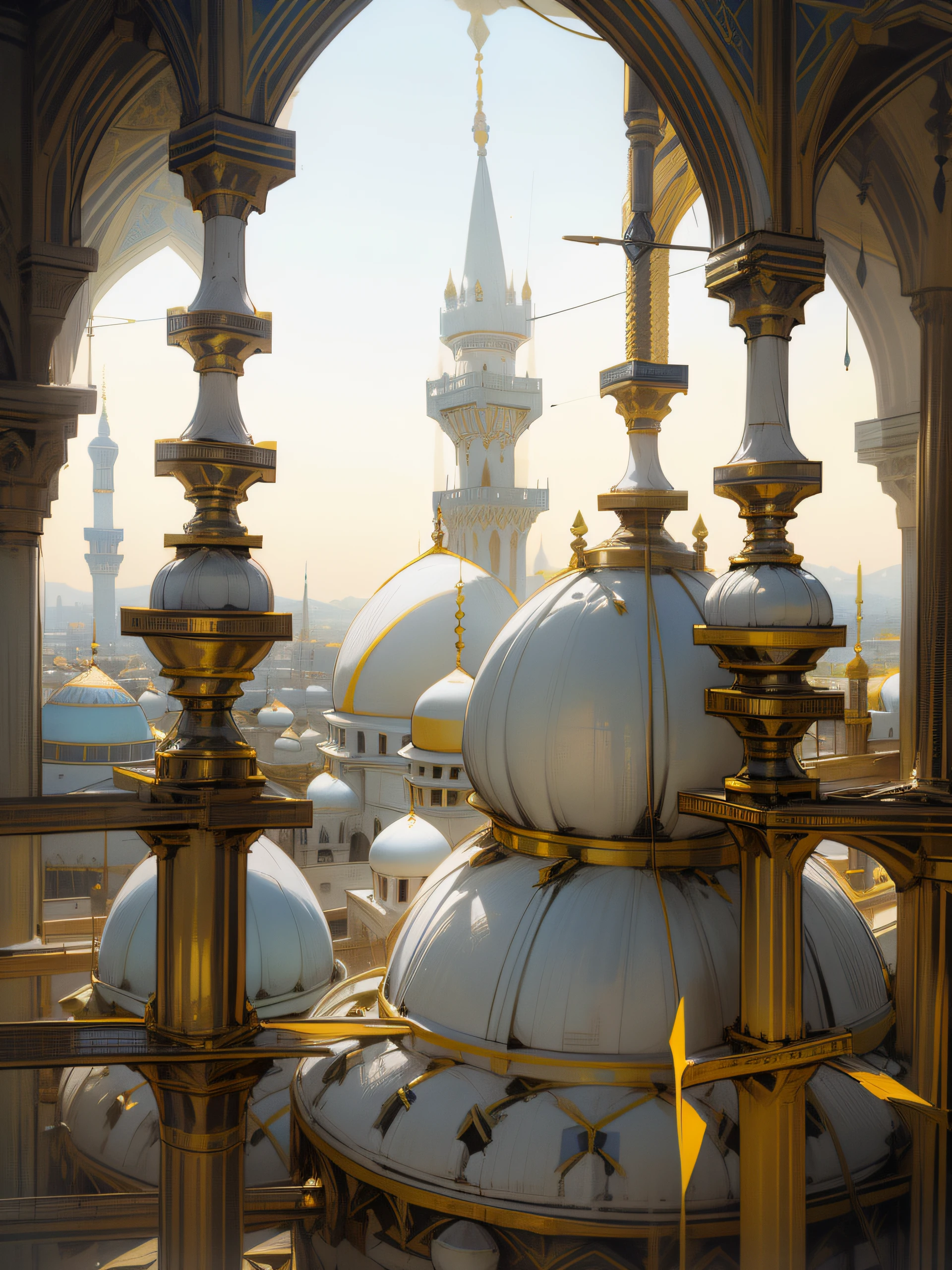 arafed view of a white and yellow mosque with two yellow domes, mosque, with beautiful mosques, domes, minarets, islamic architecture, moroccan mosque, with great domes and arches, arabic architecture, black domes and spires, malaysian, muslim, dome, golden towers, surrounding the city, islamic, moorish architecture, white and yellow scheme