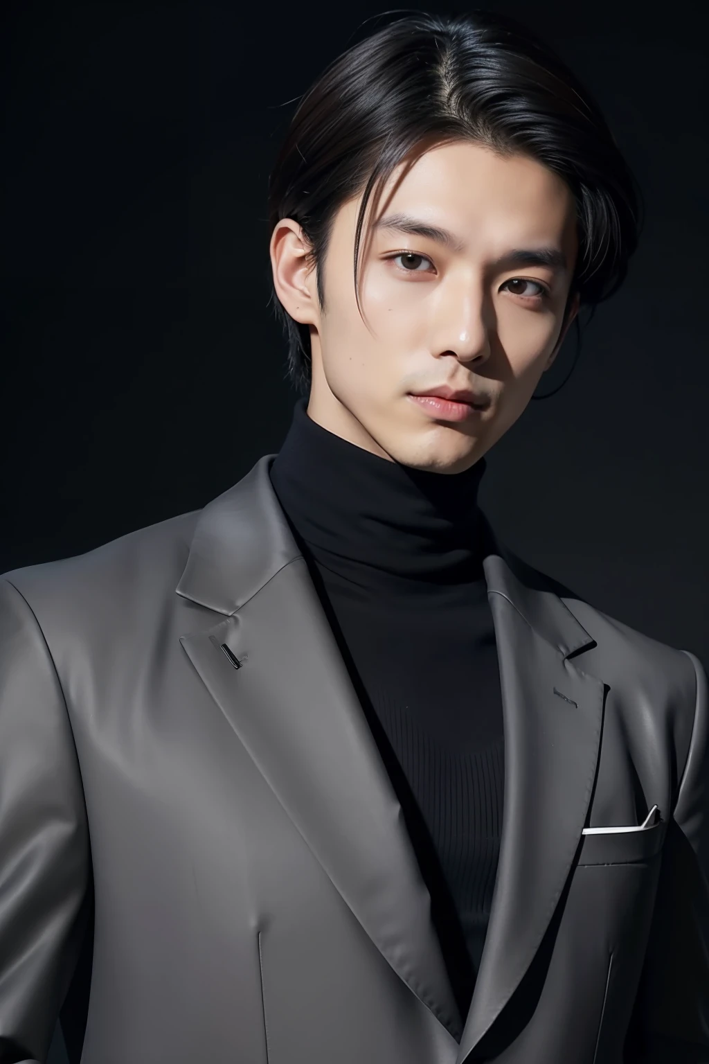 Portrait of 20 year old Japan man in business style in autumn mode/Winters. Wearing a dark gray wool suit by Gucci, Black turtleneck, and black leather Chelsea boots. The look is sleek and sophisticated. Autumn Mode Business Hairstyles/Winters. Medium length, Textured exterior with matte finish, Gives a stylish and contemporary look