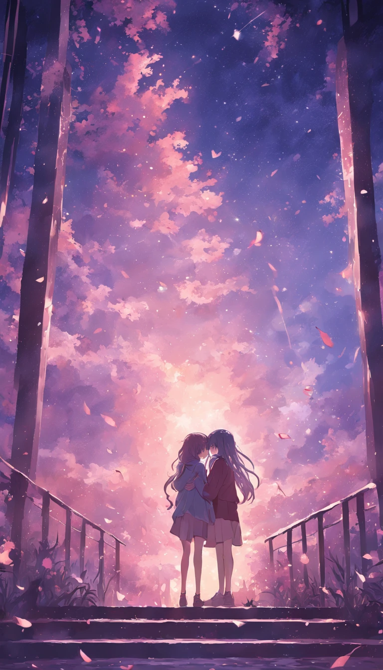 dream colors,tmasterpiece,the detail,starryskybackground,Clouds,Light and shadow effects,film effect,Rich in color,((A couple)),Embrace each other,((((In kissing)))),Petals rained down,Full moon night,Blooming with flowers,blurryforeground,Depth of field effect,A half body,is shy,Blushing,having fun