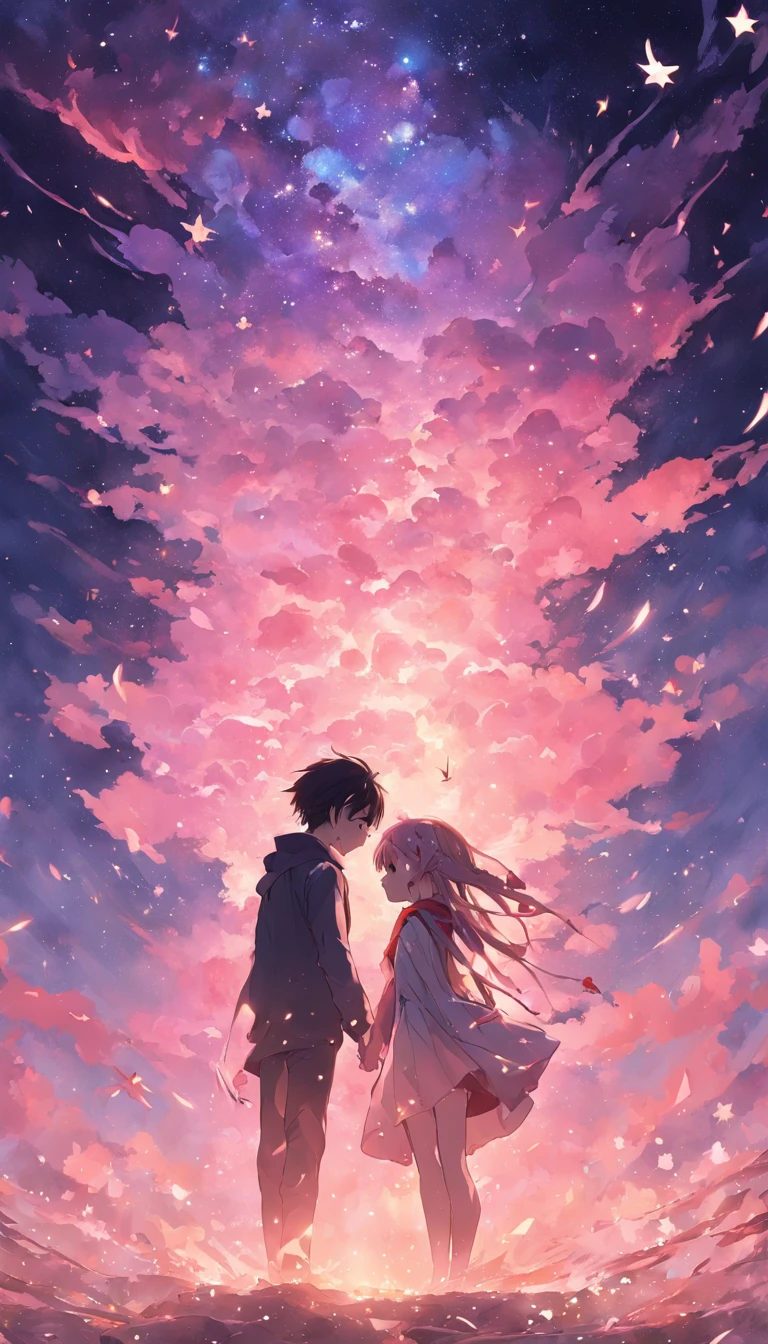 dream colors,tmasterpiece,the detail,starryskybackground,Clouds,Light and shadow effects,film effect,Rich in color,((A couple)),Embrace each other,((((In kissing)))),Petals rained down,Full moon night,Blooming with flowers,blurryforeground,Depth of field effect,A half body,is shy,Blushing,having fun