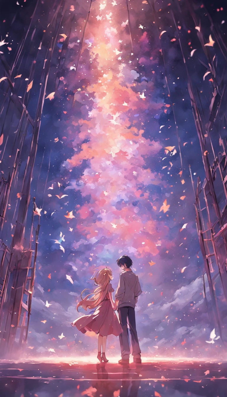 dream colors,tmasterpiece,the detail,starryskybackground,Clouds,Light and shadow effects，film effect,Rich in color，（（A couple）），Embrace each other，（（（（In kissing）））），Petals rained down，Full moon night，Blooming with flowers，blurryforeground，Depth of field effect，A half body，is shy，Blushing，having fun