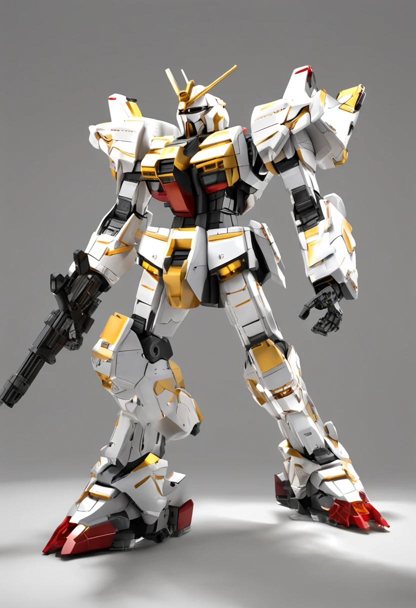The picture shows the white and gold Gundam。, The style in the intersecting plane is highly realistic, grandeur of scale, Playful and complex, Glassy translucent, posing elegantly, super detailing, Maxon Cinema 4D, High detail, 32k --s 1000 --varnish --AR 9:16