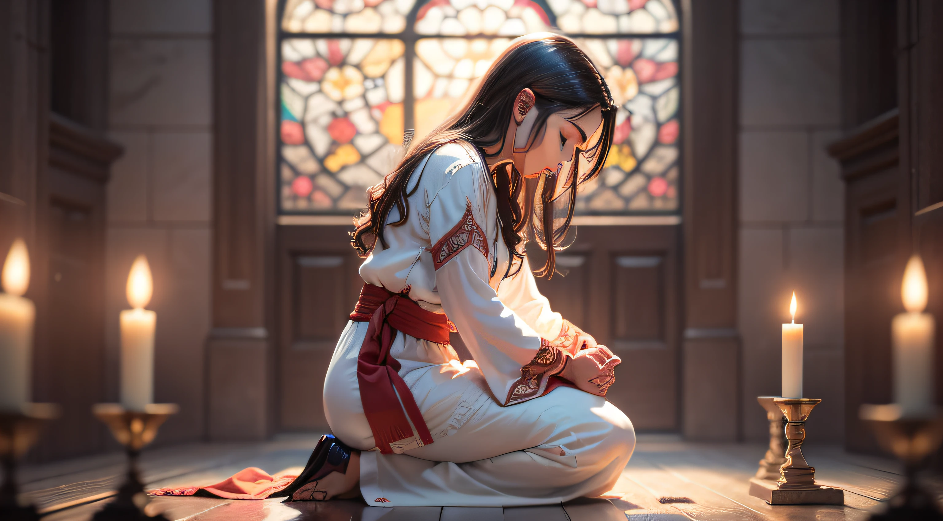 "Por favor, Create a high-definition image that depicts a touching scene of a person kneeling in prayer. A cena se passa em um ambiente tranquilo e espiritual, como uma igreja, um jardim sereno ou um local naturalmente belo. The person is kneeling with hands clasped and head bowed, demonstrating devotion and concentration. A luz suave do amanhecer ou do entardecer ilumina a cena, criando um ambiente calmo e reconfortante.

The person's facial expression reflects serenity and inner peace. Detalhes como as dobras das roupas, The hand gestures and the subtle rays of light that pass through the environment add depth to the scene. The surrounding scenario can include symbolic elements, como velas, flores ou elementos religiosos, that emphasize the act of prayer.

The image should convey a sense of spiritual connection and deep reflection, capturing the emotion and intensity of the moment. The resolution should be high definition to capture every detail and emotion with clarity and authenticity."