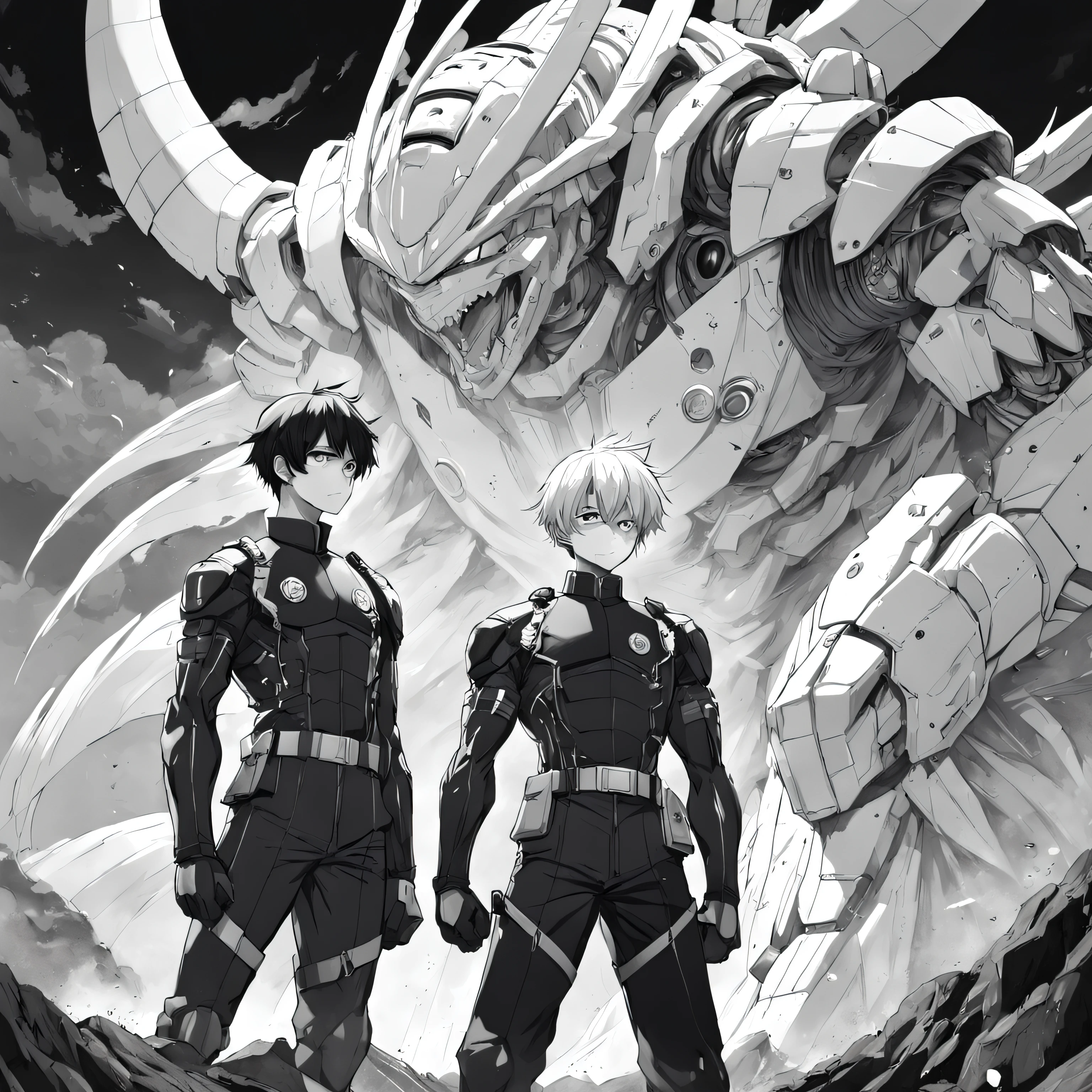 Rest for 2 people, BREAK A highly detailed grayscale black and white manga drawing anime person one with short wavy white hair is A character and a highly detailed grayscale black and white manga drawing anime guy two short messy black hair is B character, BREAK: Highly detailed grayscale black and white comic drawing characters A and B in military uniforms standing in front of a giant time machine, BREAK Highly detailed grayscale black and white comic two-panel illustration:0.01, Break the highly detailed grayscale black and white comics，Draw a wide-angle perspective from behind Character A and Character B.