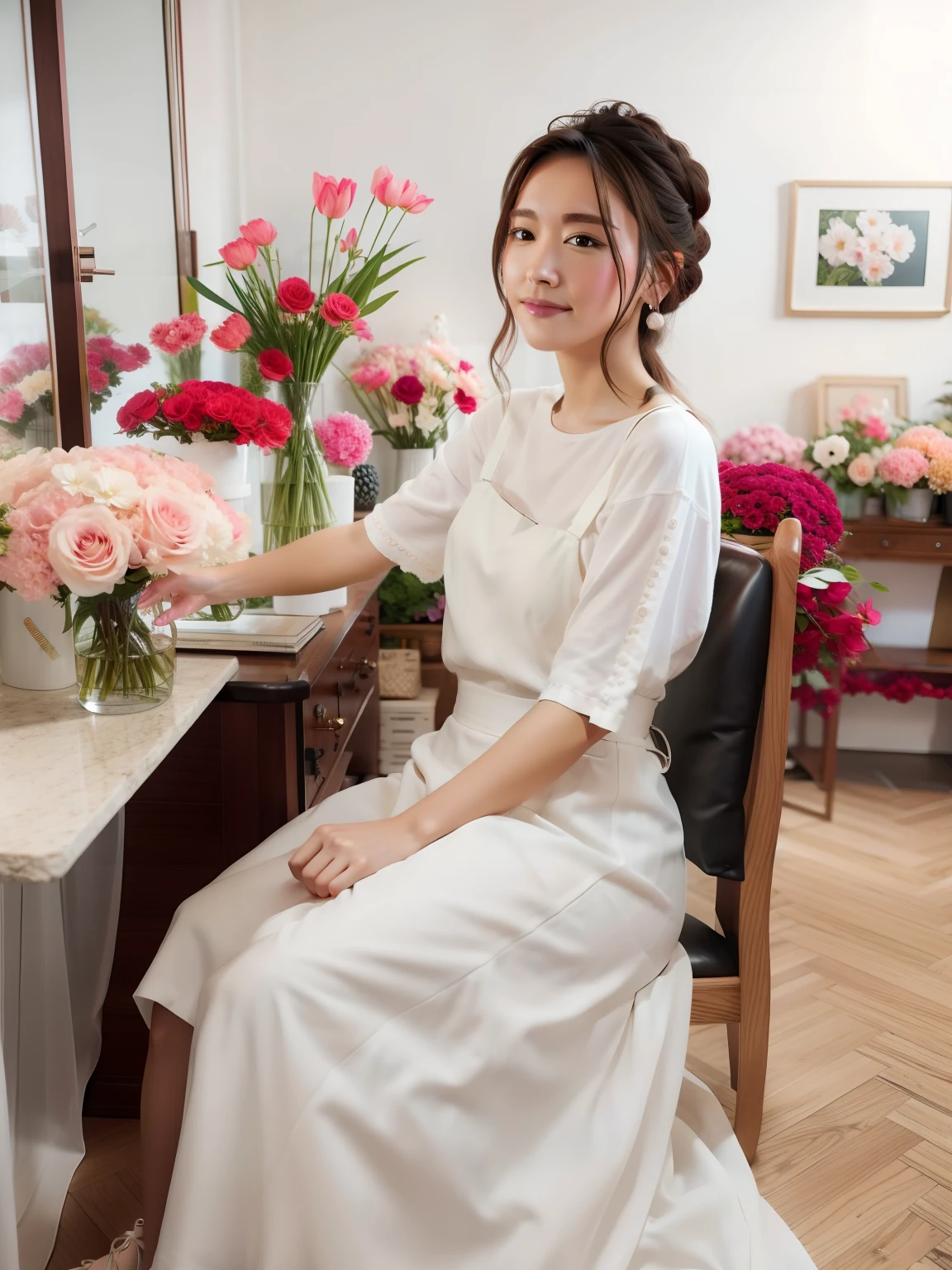 A gorgeous woman in a flower shop