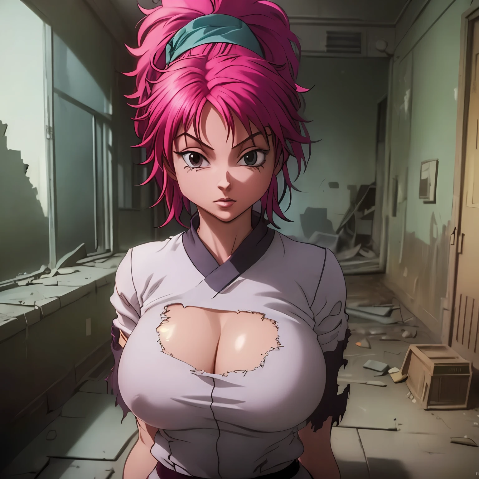 (masterpiece:1.1, Best Quality:1.1), Solo, 1girl in, (Machi:1.2, Hunter Hunter characters), deadpan, Looking at Viewer, detailed brown eyes, Detailed face, (Machi cosplay:1.2, Pink hair, Ponytail, torn White clothes:1.55, Huge breasts:1.3, Huge cleavages:1.3), (In a realistic abandoned building:1.15, Dark atmosphere:1.5),