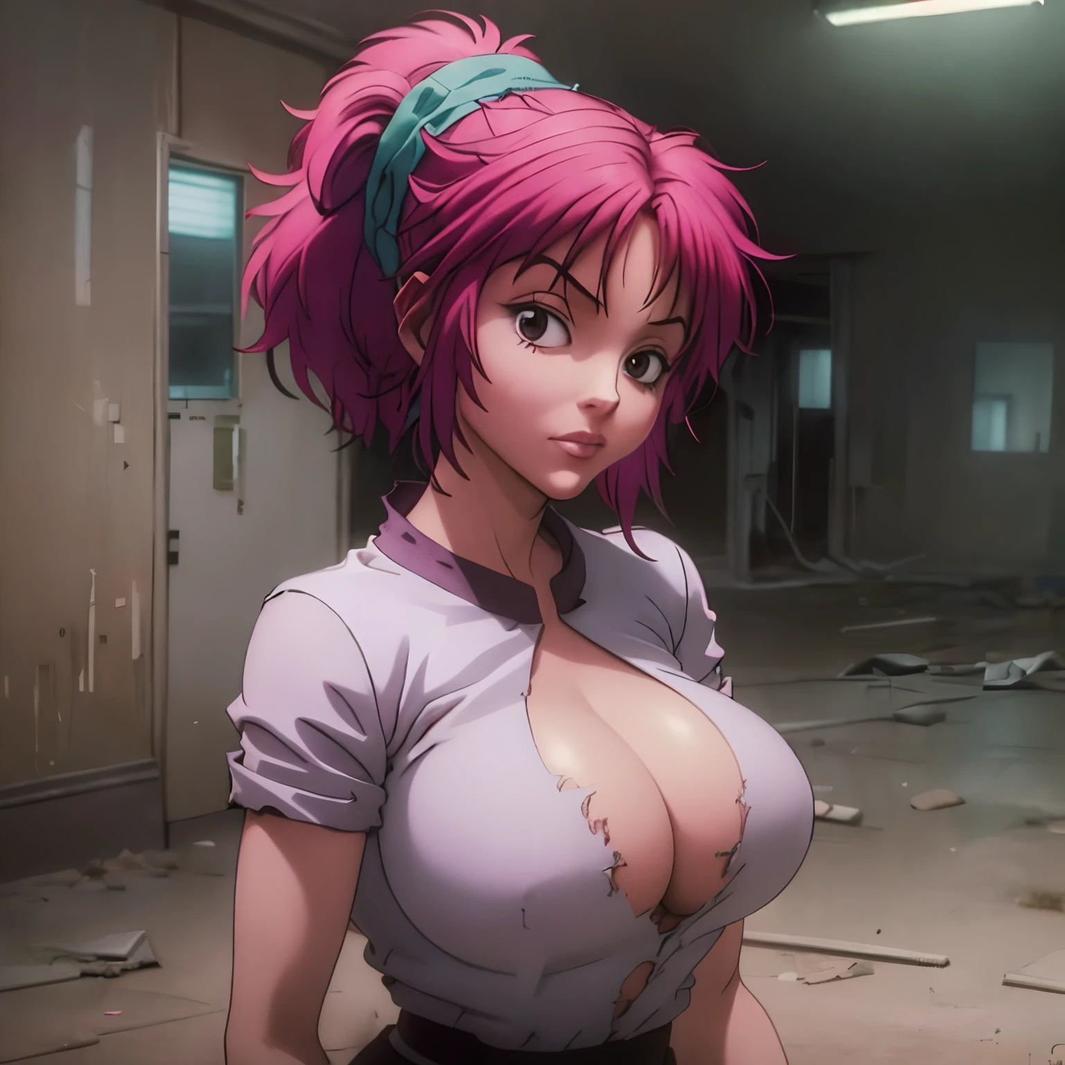 (masterpiece:1.1, Best Quality:1.1), Solo, 1girl in, (Machi:1.2, Hunter Hunter characters), deadpan, Looking at Viewer, detailed brown eyes, Detailed face, (Machi cosplay:1.2, Pink hair, Ponytail, torn White clothes:1.55, Huge breasts:1.3, Huge cleavages:1.3), (In a realistic abandoned building:1.15, Dark atmosphere:1.5),
