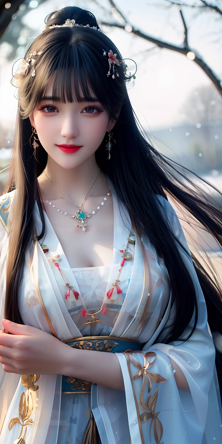 best quality, masterpiece, highres, 1girl, transparent silk china dress, cotton robe, hair ornament, smile, closed mouth,lips, dress,hair ornament, necklace, jewelry, chinese clothes, long hair, earrings, detailed beautiful eyes,detailed eyelash, Beautiful face,upon_body, tyndall effect,photorealistic, rim lighting, two tone lighting,(high detailed skin:1.2), 8k uhd, dslr, soft lighting, high quality, volumetric lighting, candid, Photograph, high resolution, 4k, 8k, Bokeh, in garden, falling snow, winter, (gigantic breasts:0.5)