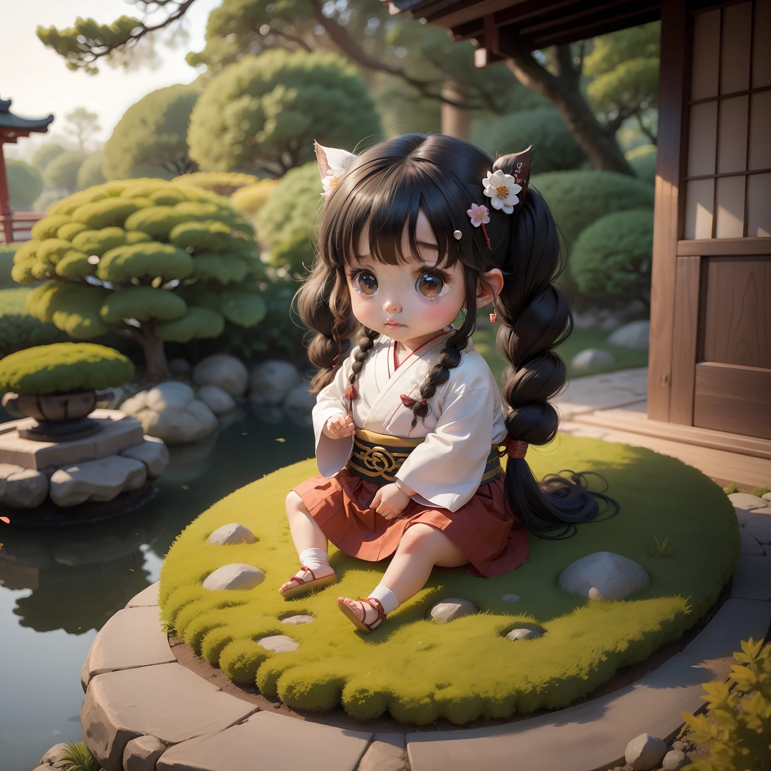 Cute  Chibi Anime,Generated knotted hair,Archaic hair ornament,Japanese garden.