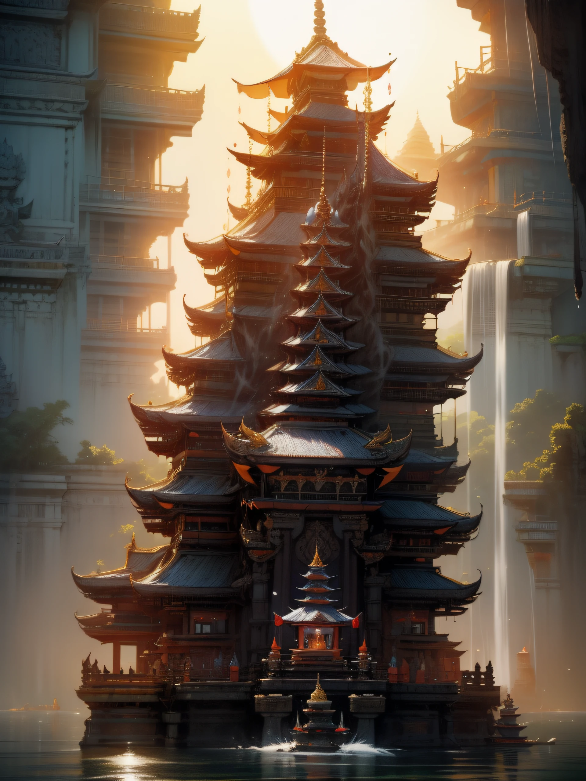 there are many pagodas on the water in the middle of the ocean, bali, large temples, water temple, indonesia, temple background, a temple, temple, temple in the background, a mystical temple, floating palace, temple in the distance, mysterious temple setting, travel, indonesia national geographic, indian temple, temples behind her, hindu temple in background
