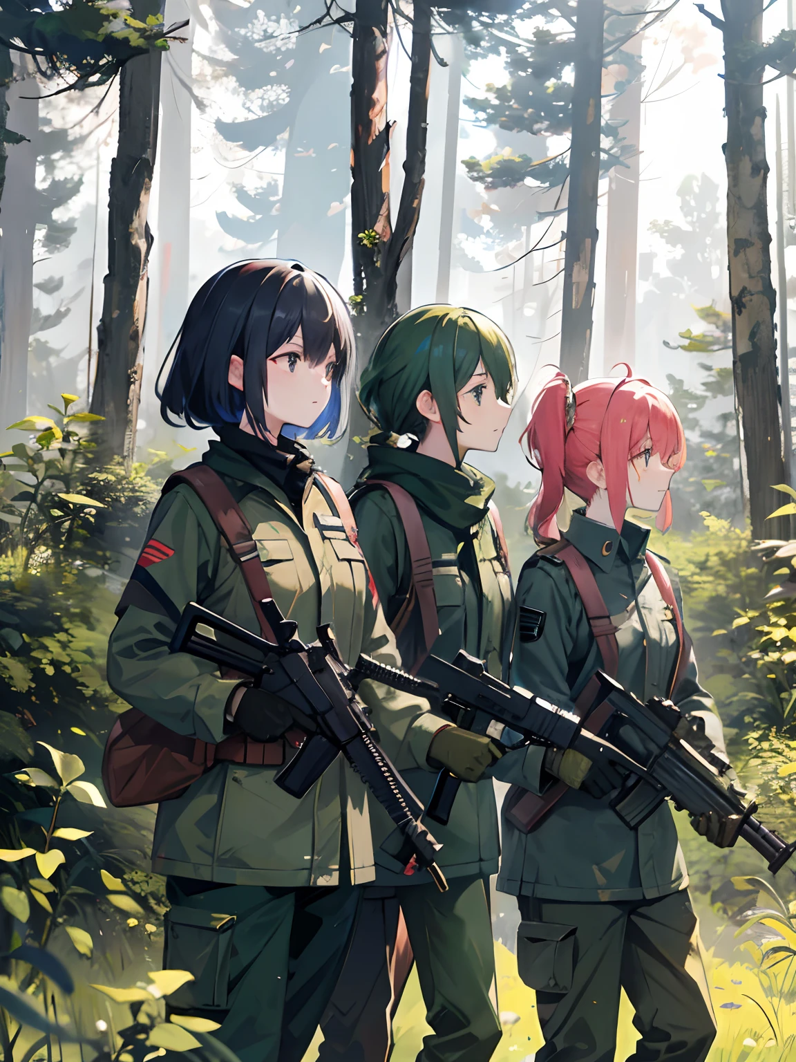 Three young female soldiers with guns walking in the forest，Next to it is the exploding car