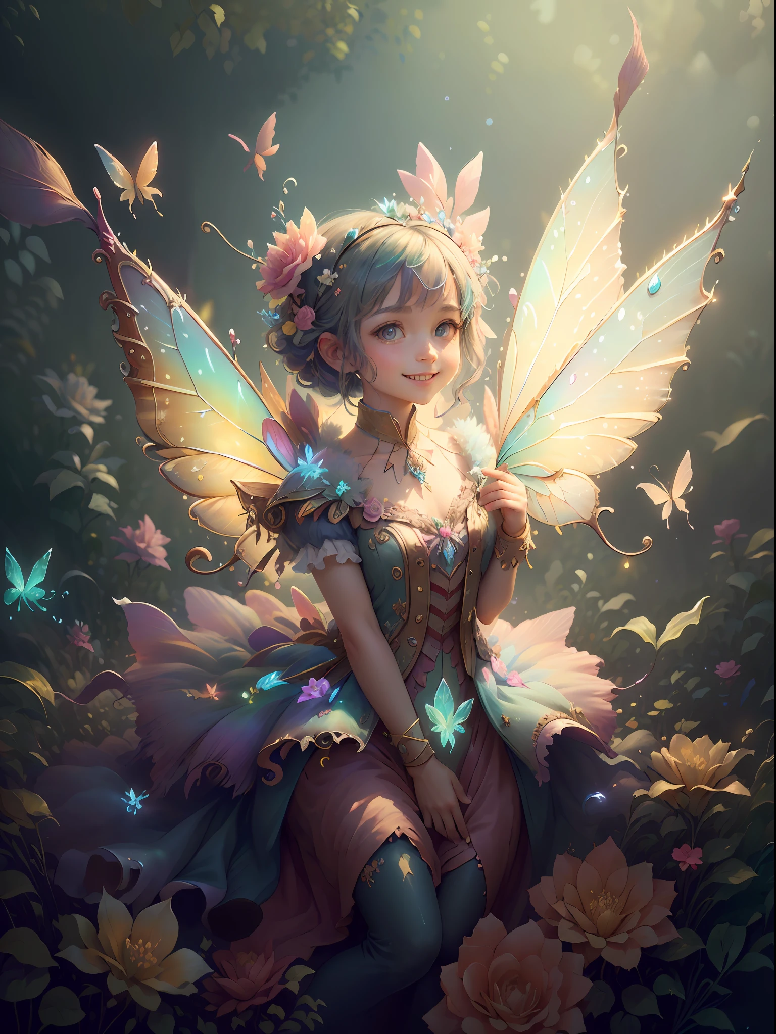 masterpiece, {{{best quality}}}, {{ultra-detailed}}, {illustration}, FairyTaleAI fairy, cinematic angle, {detailed light},cinematic lighting. A beautiful 3d spectral crystal flower, soft girl fairy, colorful butterflies flying around the rose, smile