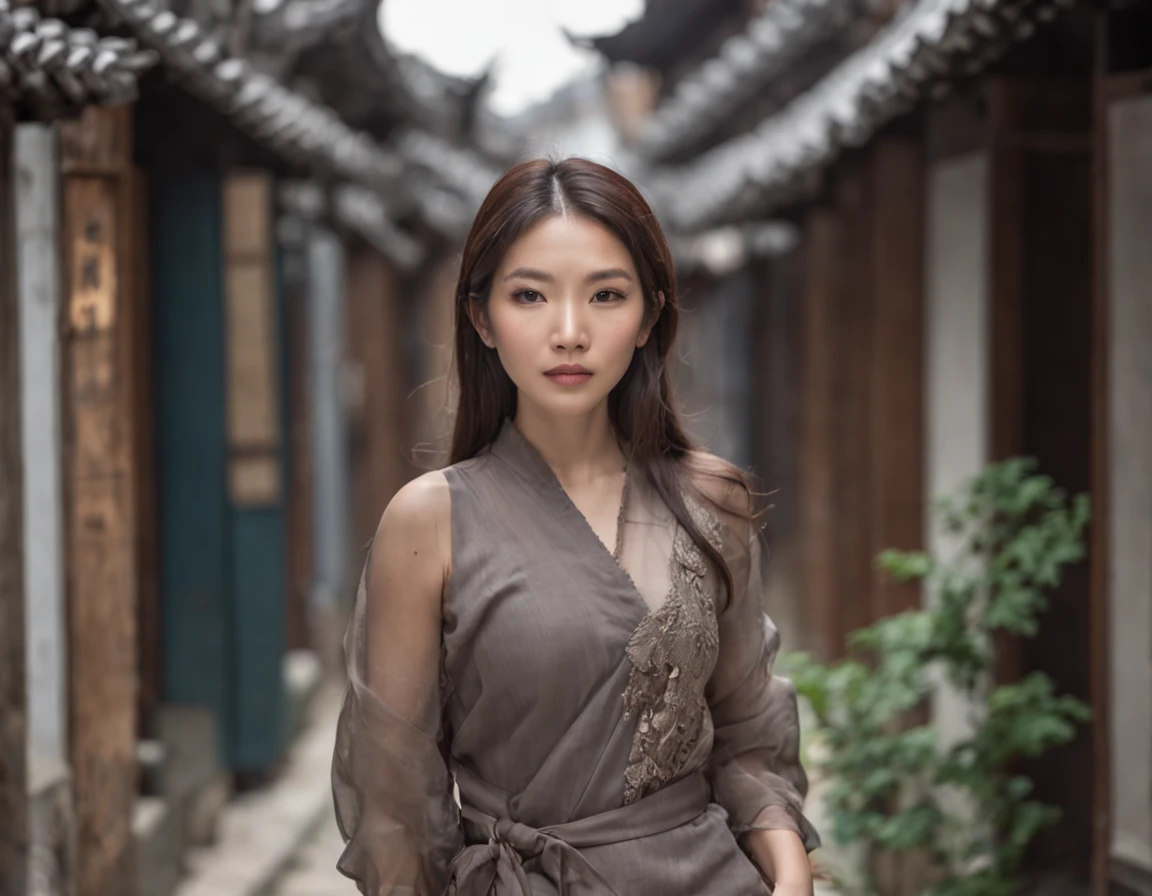 asian woman walking down a narrow alley , photogenic,