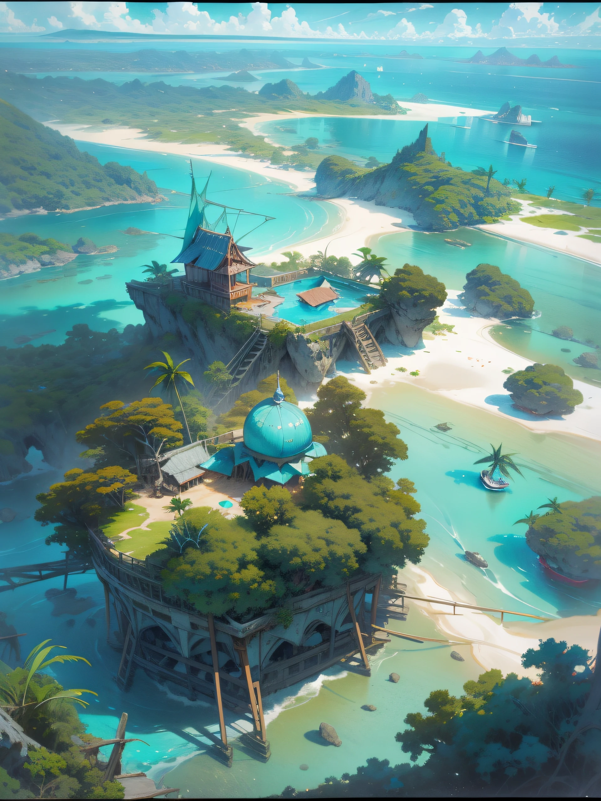 arafed view of a lagoon with a boat in the water, lagoon, scattered islands, two medium sized islands, turquoise water, paradise in the background, puddles of turquoise water, epic matte painting of an island, island landscape, many islands, 5 7 9, picturesque, kodakchrome : : 8 k, shot from a drone, islands!!!!!, beautiful place