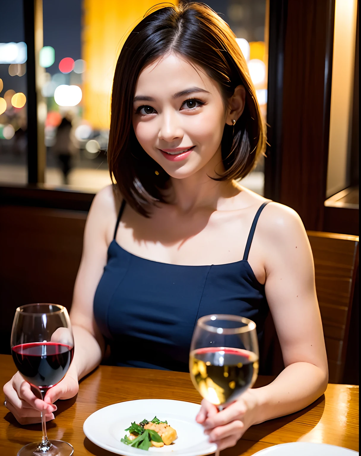 ((Highest quality、8K、masterpiece:1.3))、slimカップル、modelカップル、(Realistic, Intricate details:1.2), full-course dinner、Wine Party、Amazing view of the sunset sky and clouds、A bright smile、The wonderfulness of smile、Bright image、The beauty of wine, Beautiful Face, blue eyes, The light shines on your face, Blushing, short hair,Bright Face、 (Age 37), 39 years old, red wine 、Appetizers、Italian food、Wine bottle、Champagne、sparkling wine、Two beauties、Brown Hair、Shortcuts、Long sleeve shirt、dress、Beautiful woman 1, (slimな顔), (The body is slim), (Brown Hair), (Shortcuts), cheeks turn a little red,Attractive beauty、restaurant, In a prominent place (From the waist up) Nova Frog Style, actress, model, Upper Body, White wine, slim, wine glass, 中央に置かれたwine glass, smile, (smile: 1.15), Beautiful fine grain, Depth f/2,saturation, High Contrast, Strong light and shadow,Moist Body:1.5、3D texture、Delicate eyes、Brown Hair、The hair is very shiny、