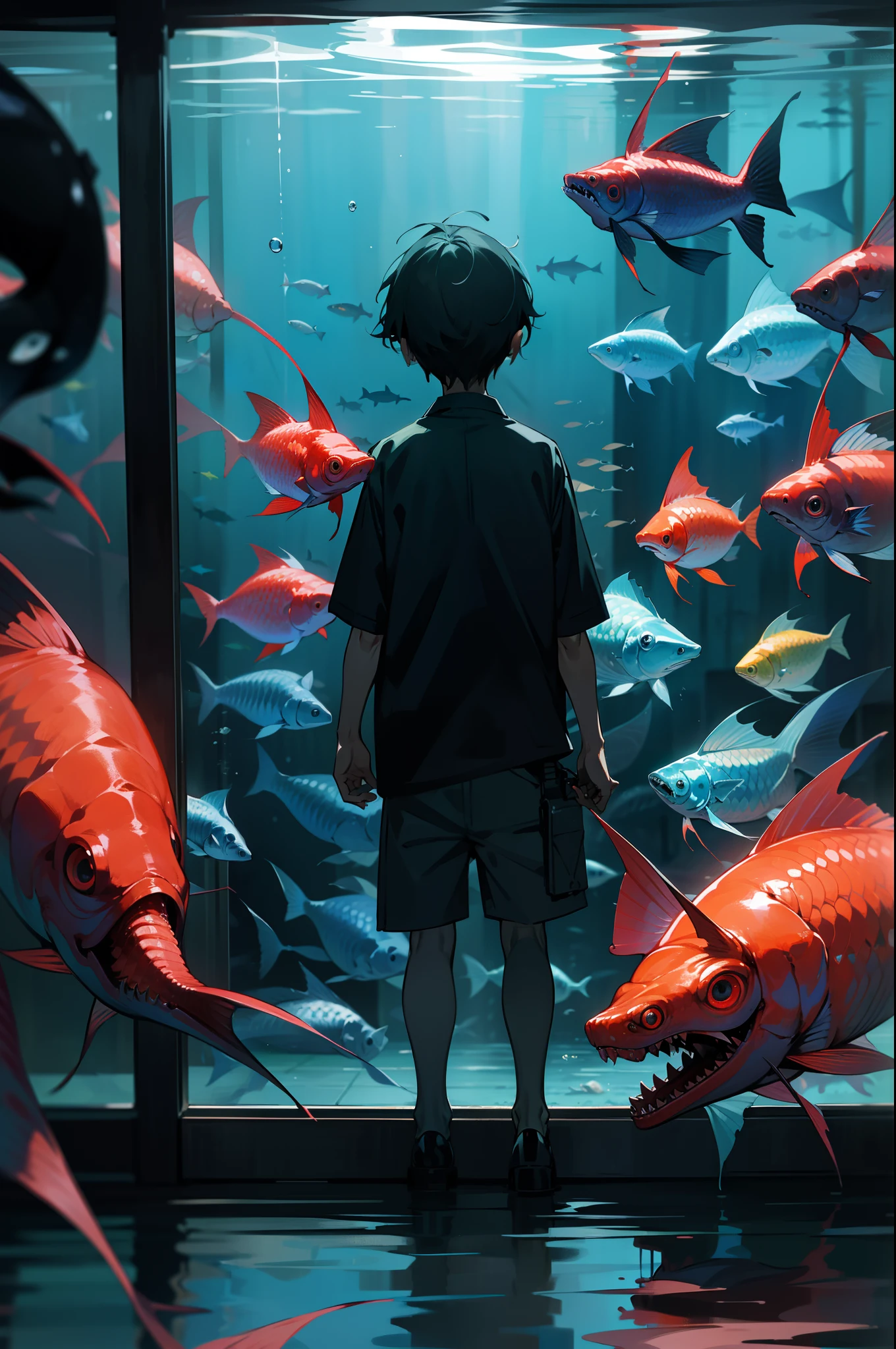 In the aquarium，Outside the glass stands the back of Kaneki, the Tokyo ghoul。Inside the glass is a huge and fierce terrifying piranha demon，a dark and eerie atmosphere，The eyes of the fish glow red，The black body glows black，He opened his mouth and looked at Kaneki，Realistis，The end of the world