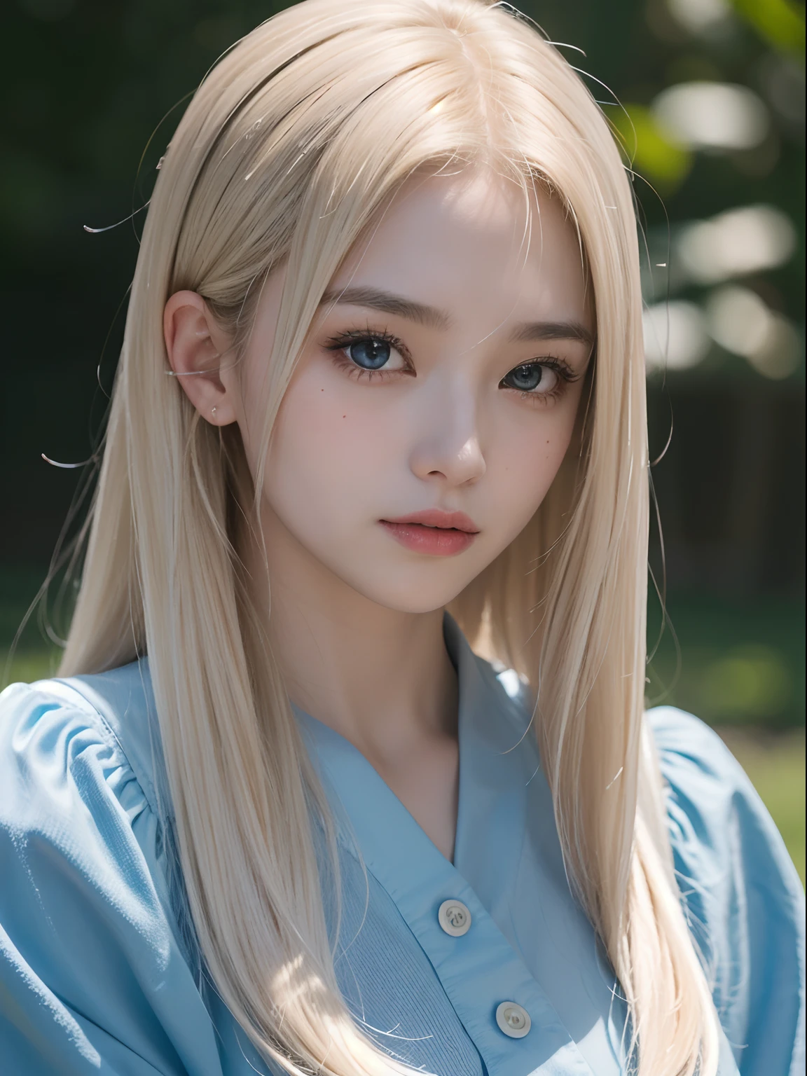 Light smile、natta、Raw photography、(((Portrait of extreme beauty)))、((glistning skin))、1人、16 year old beautiful girl in Prague、bright expression、((platinum-blonde-hair))、[Big blue eyes that shine like jewels]、Glossy glossy skin、Silky long straight hair、eye liner、Beautiful bangs、Hair between the eyes、((​masterpiece、top-quality、ultra-detailliert、Film Light、intricate-detail、hight resolution、ighly detailed))、细致背景、8KUHD、Digital SLR、Soft light、hightquality、Film grain、FujifilmXT3 、Shallow depth of field、natural soft light、（No hands）、Kamimei、Lush bust