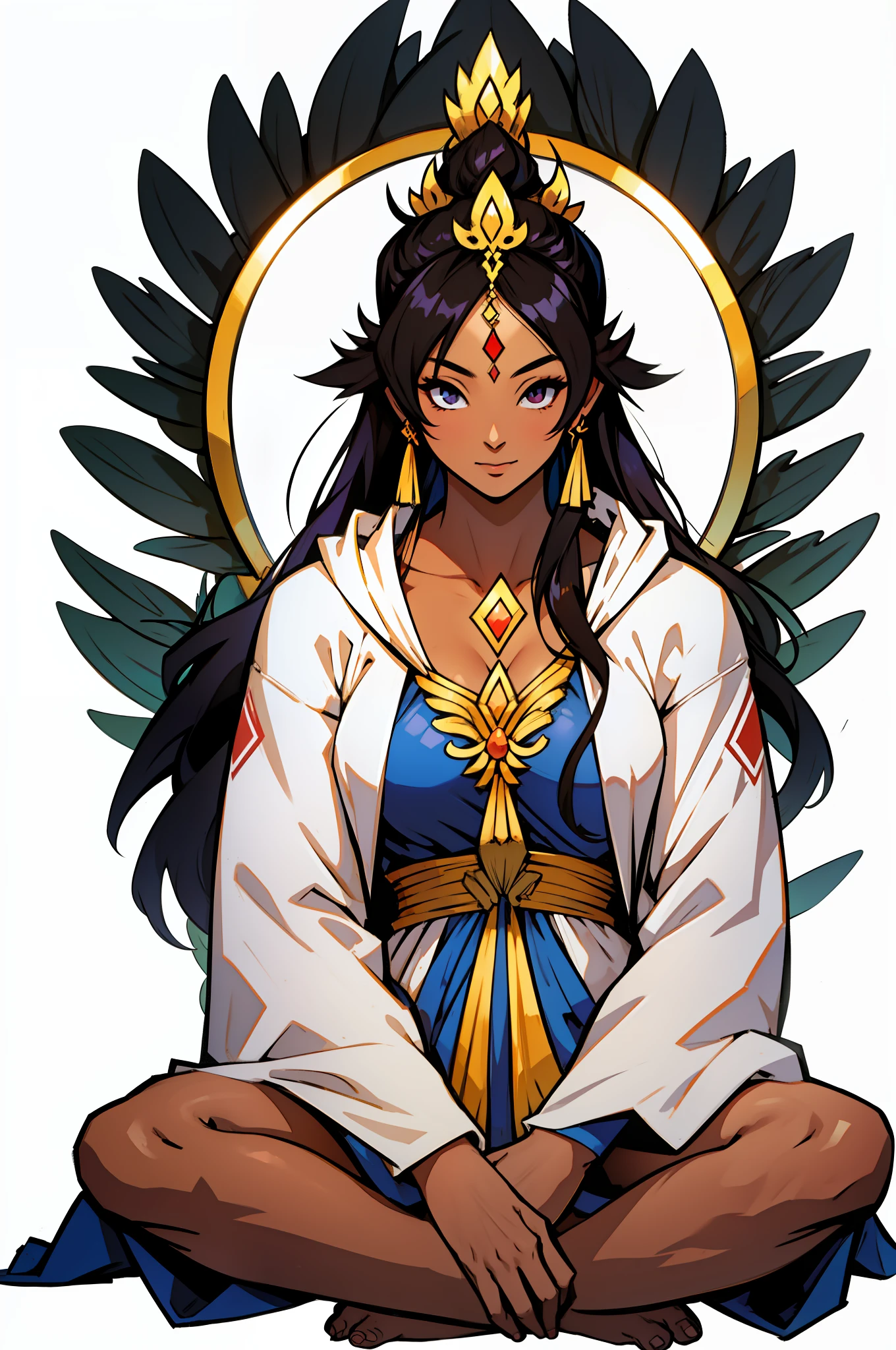 anime style, Southeast Asian, Khmer woman, woman, Khmer, Cambodian, hindu style, spiritual goddess, deity, full body from head to toe, dark chocolate skin tone, hair all down hairstyle, meditation position, seating position, prayer, wearing a grey long hoodie robe dress, white color hair, I want the picture to be complete and accurate, all pure white background scenery, "centered postition",