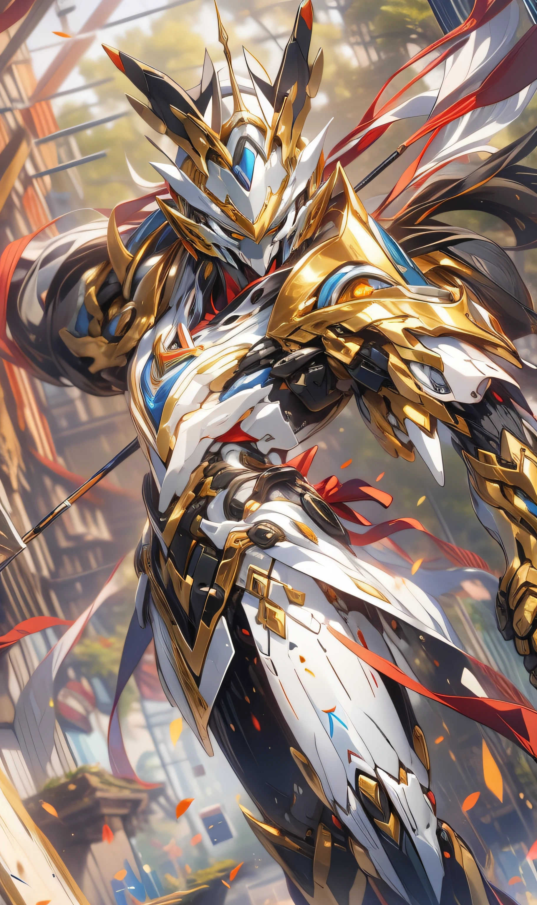 Ancient beast god style,Yellow and white mech，（holding a bow and arrow，Bow pulling pose），（《Romance of the Three Kingdoms》，《Huang Zhong》，Full body mecha）, Keqing from Genshin Impact, (Masterpiece) ， The best quality， High quality，Gold armor，电影灯光， （Exquisite future）， Beautiful and beautiful， Ultra detailed， great composition， Floating， Depth of field， （Very detailed CG，Unity 8k壁纸）， （Beautiful detail background）， dramatic lights， GOGETTA， Mecha，best qualtiy，超高分辨率，Vivid Wait for it to begin