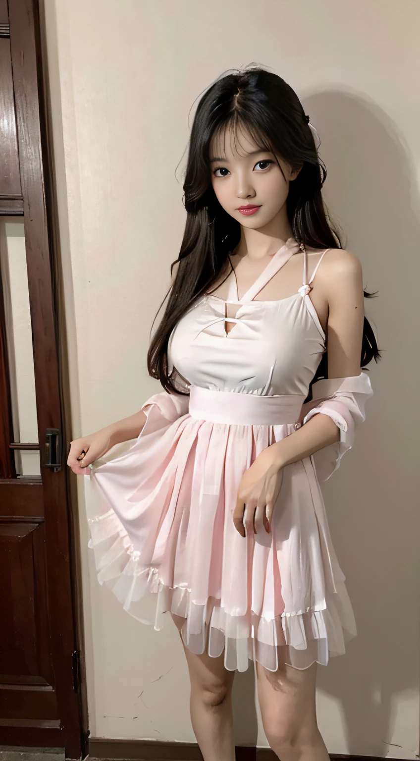 Master quality, highest quality, best picture quality, exaggerated details, a princess cute 8 year old asian little girl with a shy expression, slightly squinted eyes, adjusting her hair, long eyelashes (long hair / very, very exaggerated big breasts, big tits / in pink white  pentticoat, open v hanfu dress 
transparent fabric, short skirt), posing  in front of the camera, wet breast see under wear, open hanfu