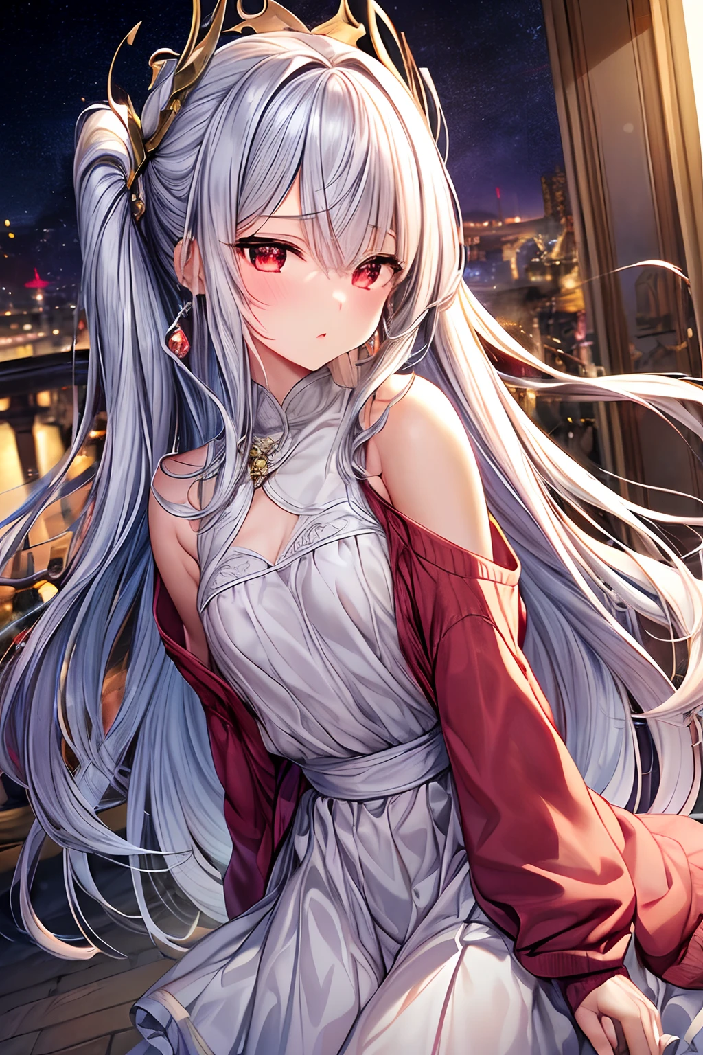 masuter piece, Best Quality, masuter piece, Game CG,Best Shadow, 、girl with、(((Between dream and reality)))、((Different space))、silber hair、Longhaire、
Angle,Beautiful night view,Building Street,1girl in,Lady,Ultra-realistic 8K CG,((Skirt flutters)), Realisticity, Best Quality,Ultra-detailed,Best Illustration,extremely delicate and beautiful,glowing earrings,Beautiful red eyes,Eyelashes,roundly eyes,Eye of rumors,Twinkle Eyes,Glowing eyes,Sparkling eyes,finely detail,Beautiful detailed girl,((Wind)),(Hair fluttering in the wind)),Slender face,lip stick,鎖骨,small tits、tiny chest、,Riman,(absurdly long hair),Delicate beautiful face,half updo / Upstyle,Pearl Pink Gradient Hair,Shiny hair,Shiny skin,Red skin,(((Bangs on one eye))),Cardigan,White blouse,((Light red inner hair)),Gentle expression,index finger raised,