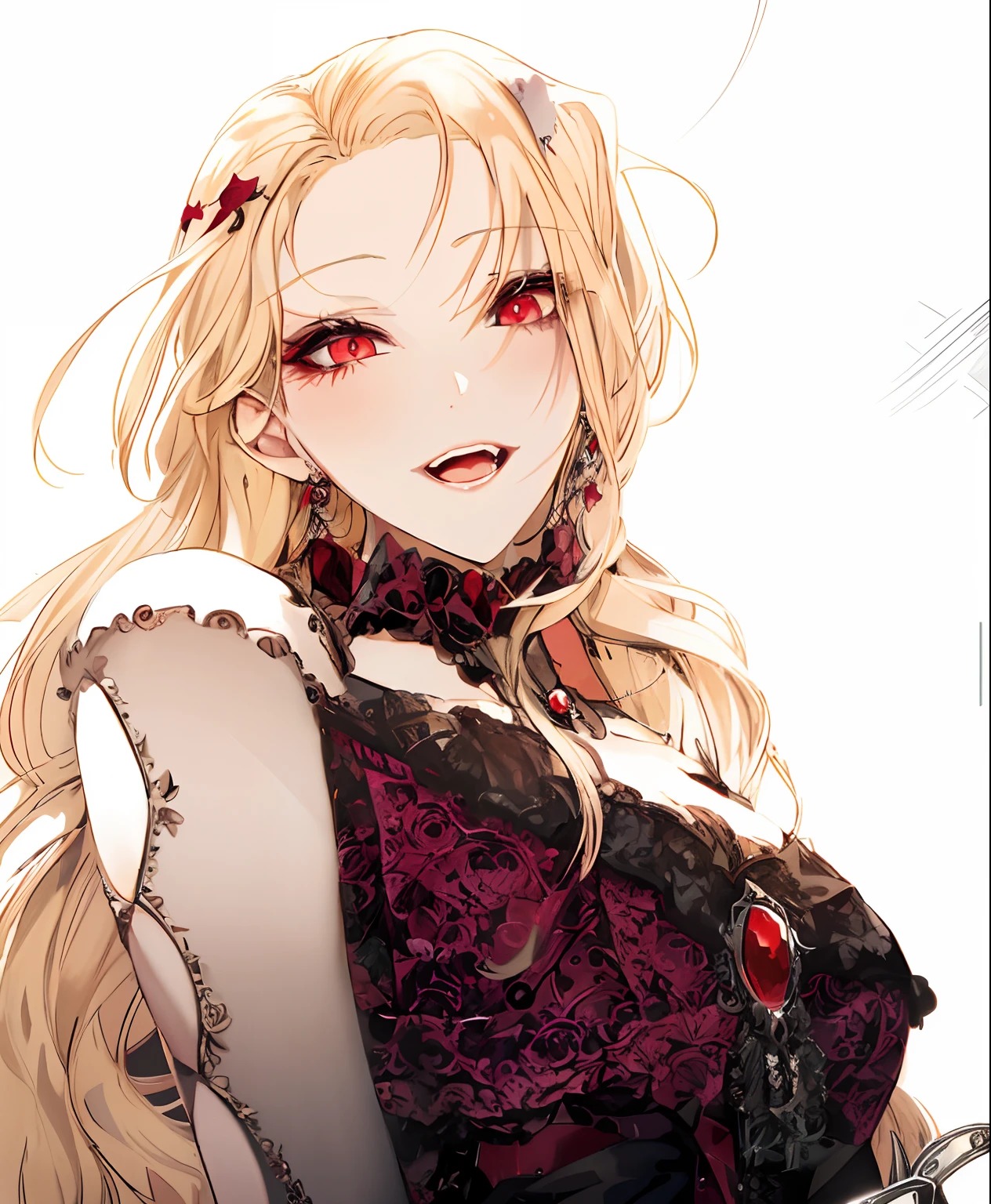 黒ドレスを着た、金髪ロングヘアーで赤い目のアニメの女の子