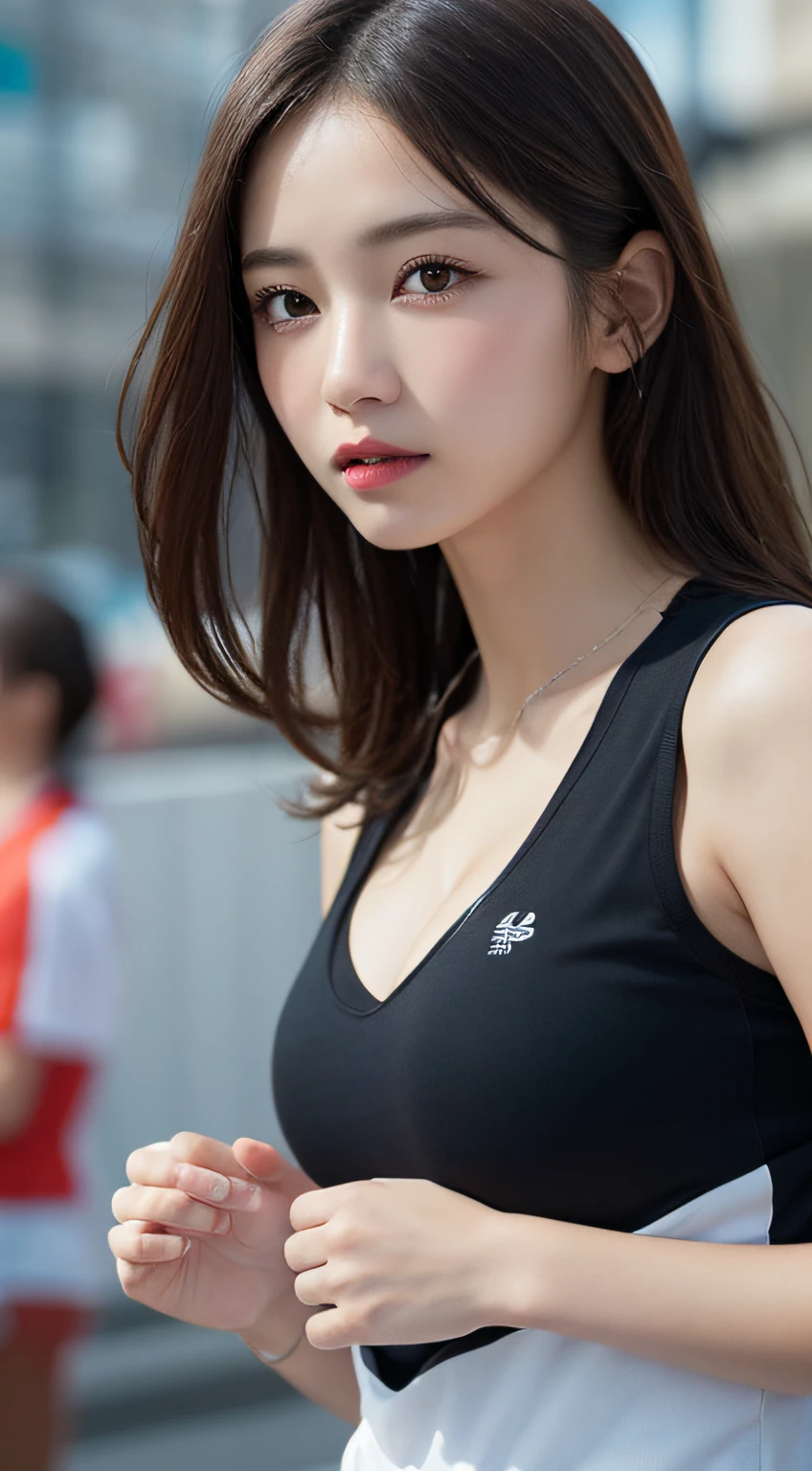 (yinchuan:1.5),, masterpiece, best quality, raw photo, photorealistic, big breasts, beautiful face, soft smile, 20 year old girl, workout wear, belly button look, dusk, short hair, depth of field, high resolution, ultra detail, fine detail, very detailed, very detailed eyes and face, sharp pupils, realistic pupils,