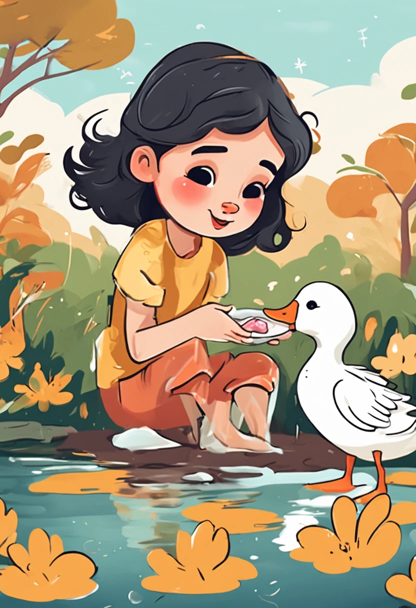 There is a cartoon of a girl feeding ducks, holding a white duck, cute goose, hand painted cartoon art style, lovely art style, Cartoon style illustration, digital cartoon painting art, adorable digital art, Cartoon Art Style, cartoon digital painting, Cartoon Art Style, cute illustration, Cute detailed digital art, Cute cartoon style, cute artwork, Cute cartoon, funny illustration