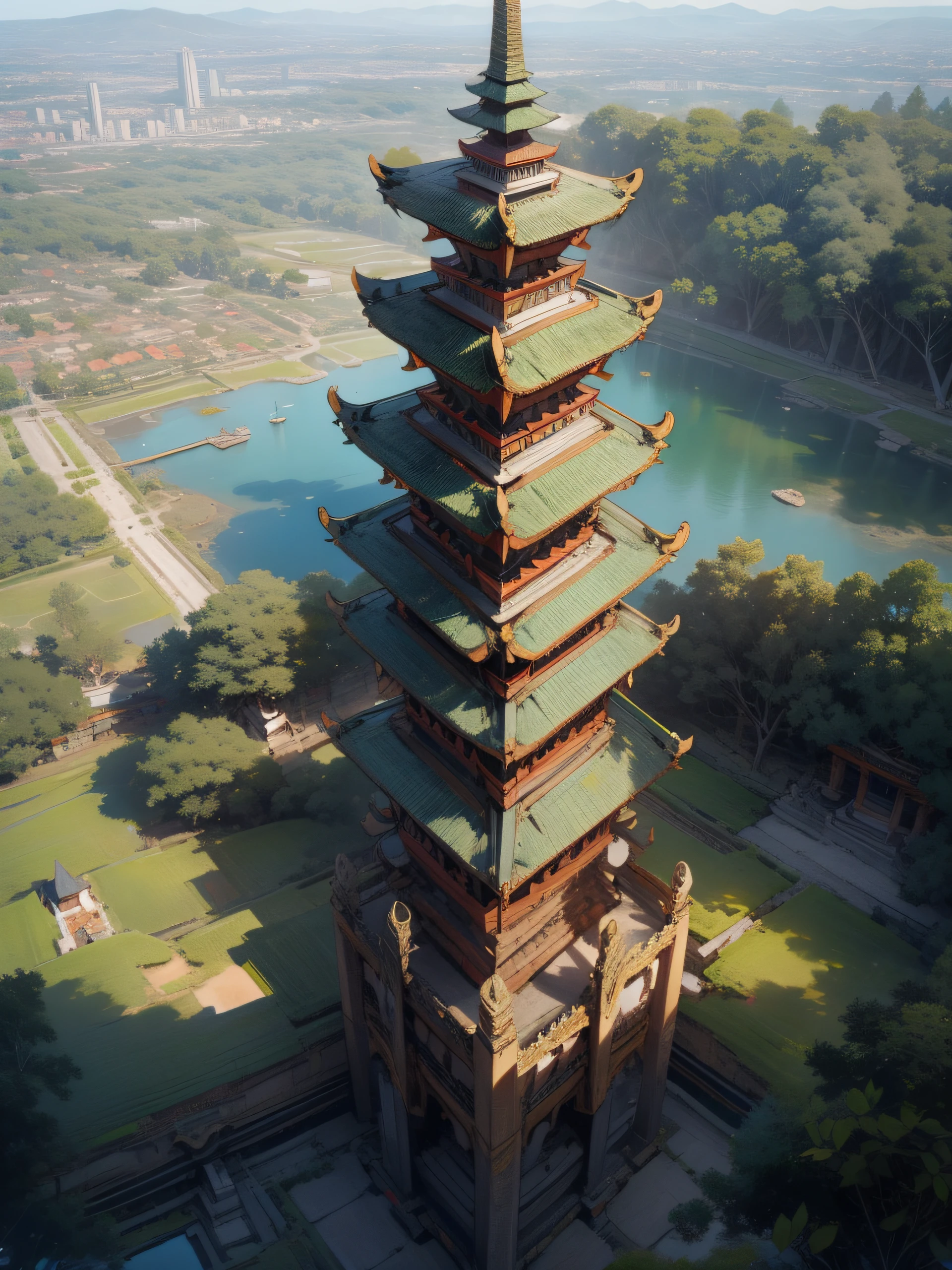 aerial view of a city with a lot of buildings and trees, large temples, seen from above, view from above, bali, shot from above, wide angle shot from above, viewed from above, aerial, aerial view of an ancient land, view from slightly above, highly detaild, viewed from bird's-eye, seen from straight above