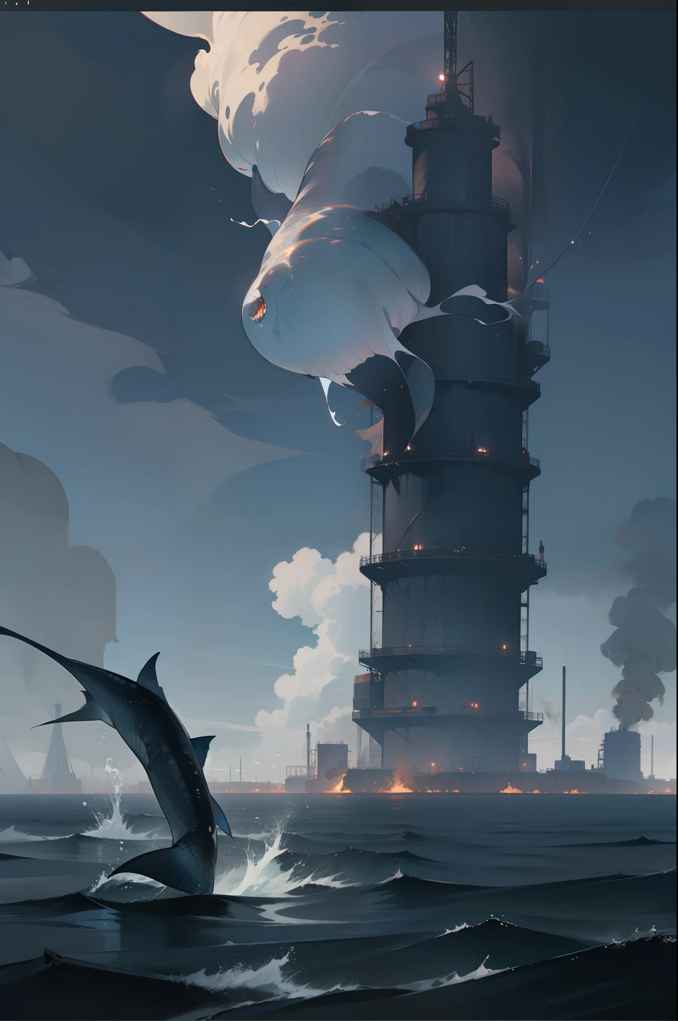 Turbid oceans，Dark skies，Smoky miasma factory，The end of the world，Many ugly fish，Mutated sea creatures，Environmental pollution is serious