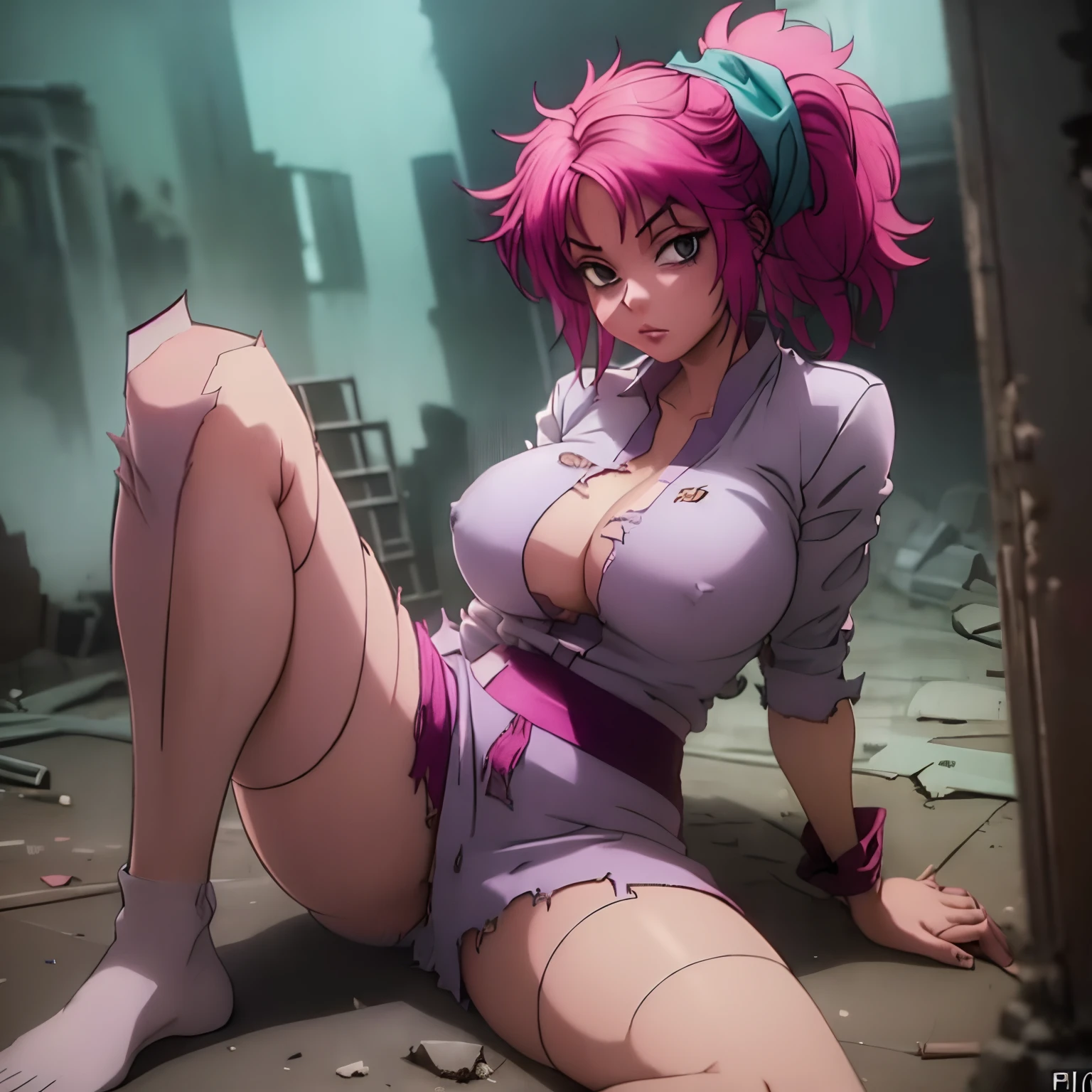 (masterpiece:1.1, Best Quality:1.1), Solo, 1girl in, (Machi:1.2, Hunter Hunter characters), deadpan, Looking at Viewer, detailed brown eyes, Detailed face, (Machi cosplay:1.2, Pink hair, Ponytail, torn White clothes:1.55, Huge breasts:1.3, Huge cleavages:1.3), (lay down and open legs:1.35, In a realistic abandoned building:1.15, Dark atmosphere:1.5),