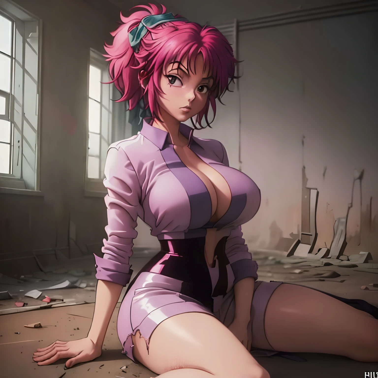 (masterpiece:1.1, Best Quality:1.1), Solo, 1girl in, (Machi:1.2, Hunter Hunter characters), deadpan, Looking at Viewer, detailed brown eyes, Detailed face, (Machi cosplay:1.2, Pink hair, Ponytail, torn White clothes:1.55, Huge breasts:1.3, Huge cleavages:1.3), (lay down and open legs:1.35, In a realistic abandoned building:1.15, Dark atmosphere:1.5),