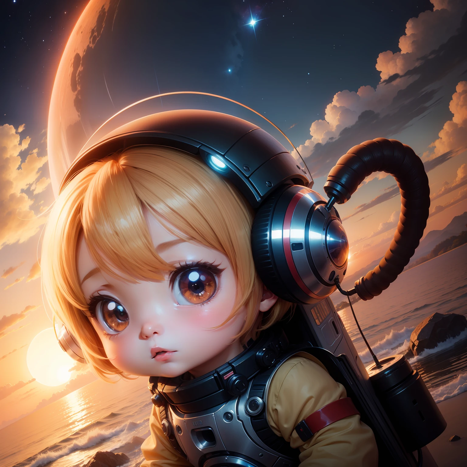 Cute Chibi Anime,🤖,intergalactic,the setting sun