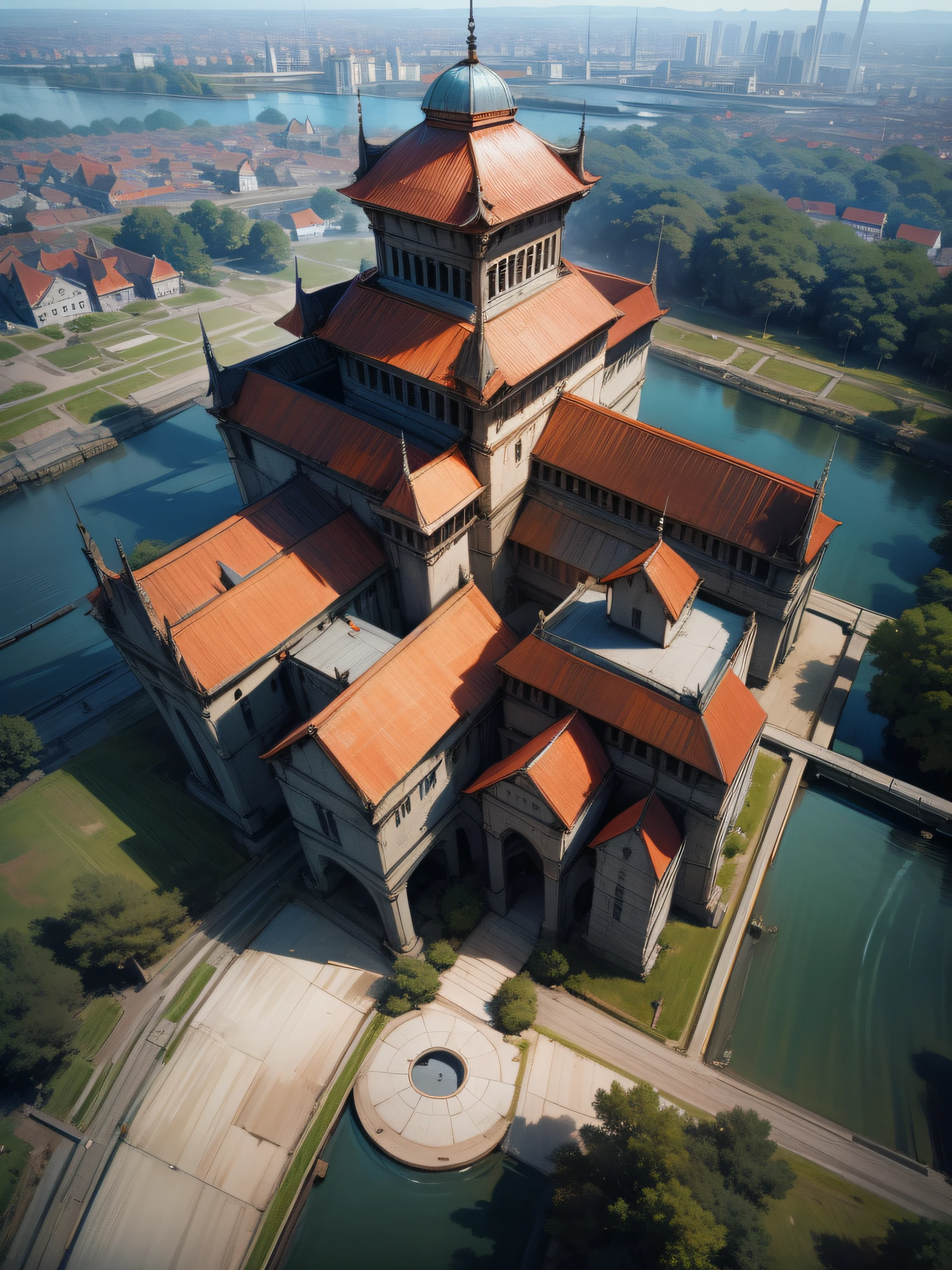 aerial view of a large building with a lake in the background, photo taken from above, aerial view, overview, aerial shot, photo from above, historical image, aerial view from above, aerial view cinestill 800t 18mm, ariel view, photograph from above, historical photo, the photo shows a large, prison complex, photo taken from far away