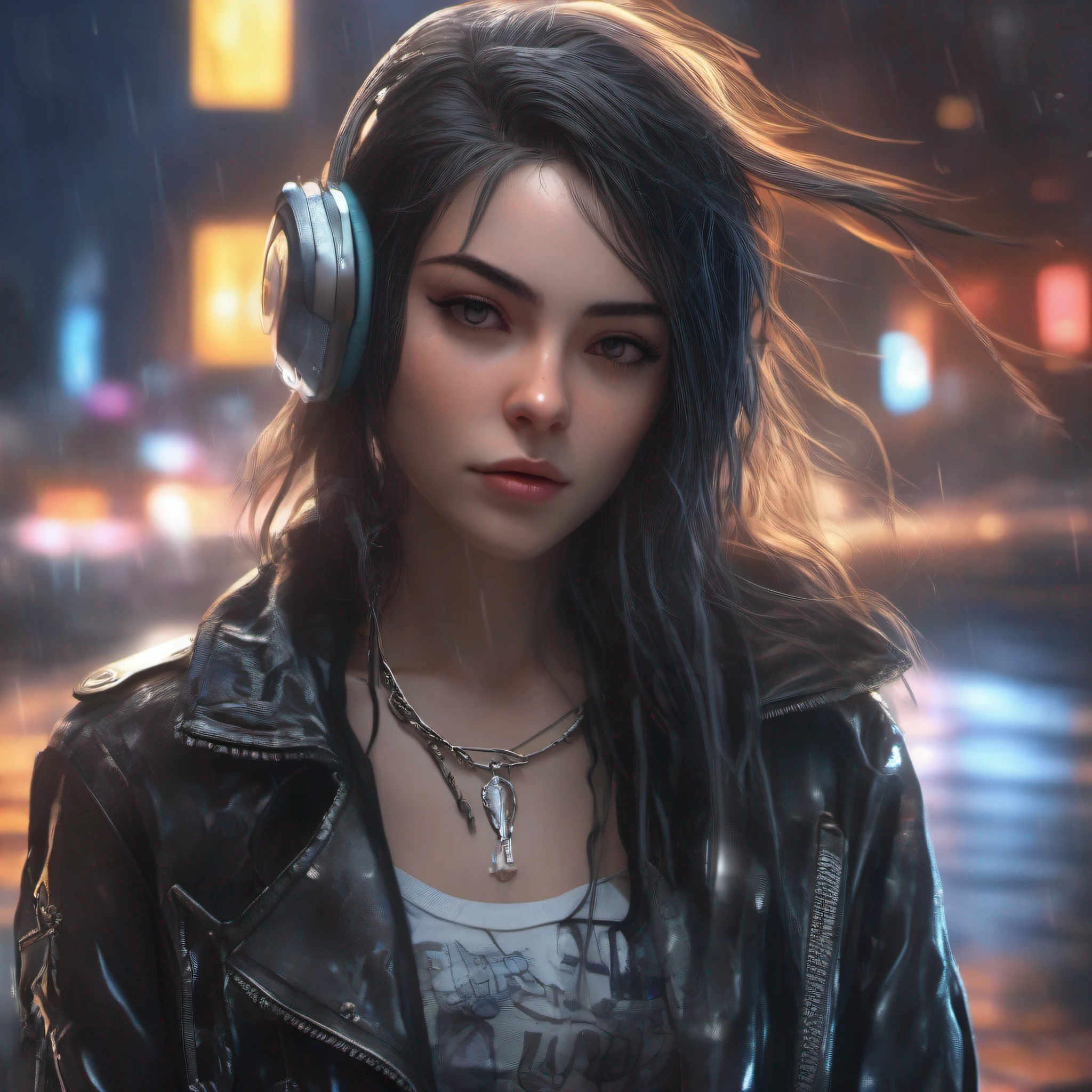 Brunette anime, long black hair with silver streak, depth of field, Soft lighting, Masterpiece, Best quality, Intricate, Tone-mapping, Highly detailed, art stations, concept-art, smooth, Sharp focus, Dramatic lighting, high detail artwork, Cinematic, hyperrealistic painting, trending on artstation, 8K, high contrast shadows, Realistic, (highly detailed back ground:1.0), Highly detailed portrait of single 1 girl standing on street corner, In heavy rain，Lightning strikes and cloudy skies, Neon and cyberpunk background, She wears punk clothes with silver chains and silver spikes, She wears headphones and a tie, Petite, Smile, punk, Cyberpunk, back lit lighting